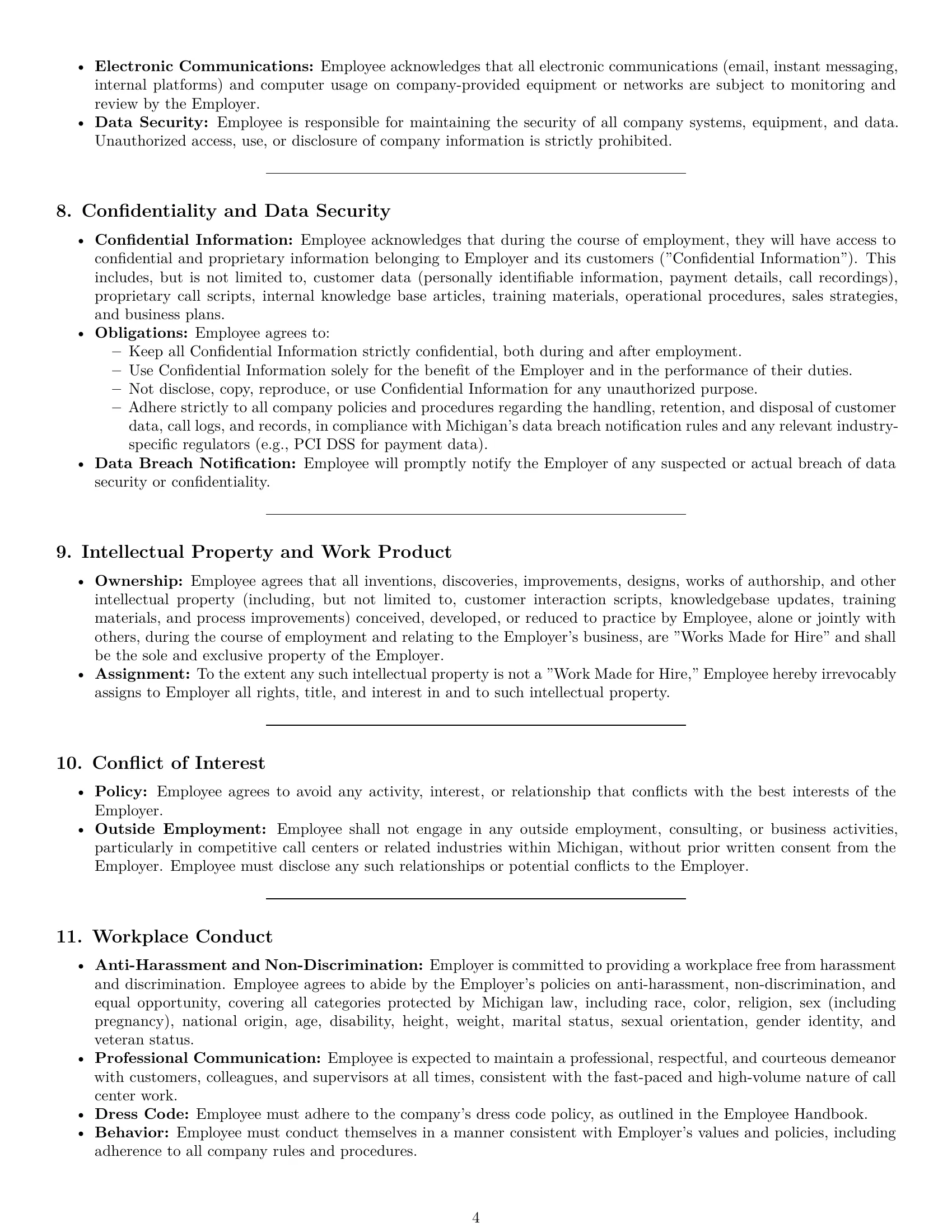 Preview page 4 of Pro Michigan call center representative employment contract template