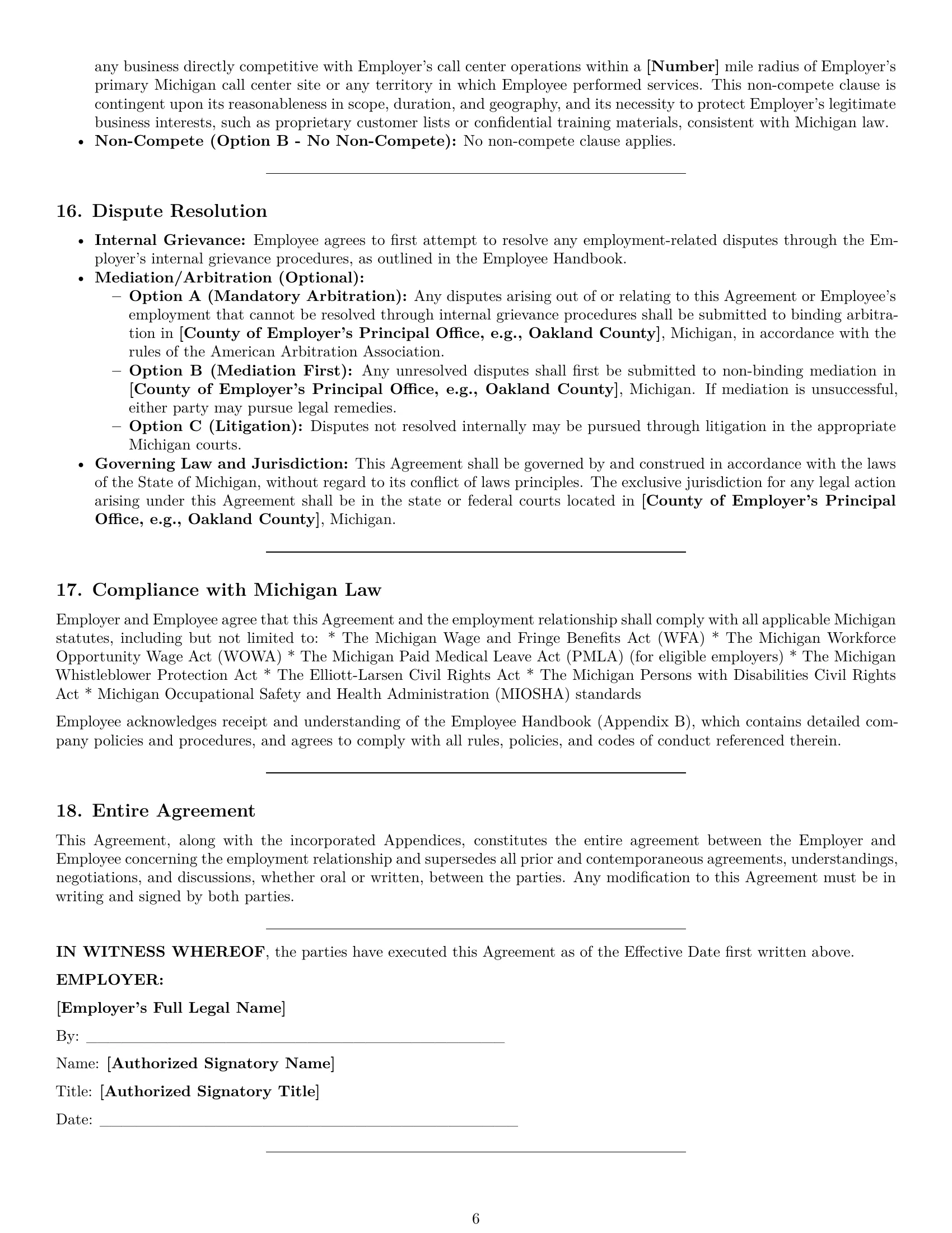 Preview page 6 of Pro Michigan call center representative employment contract template
