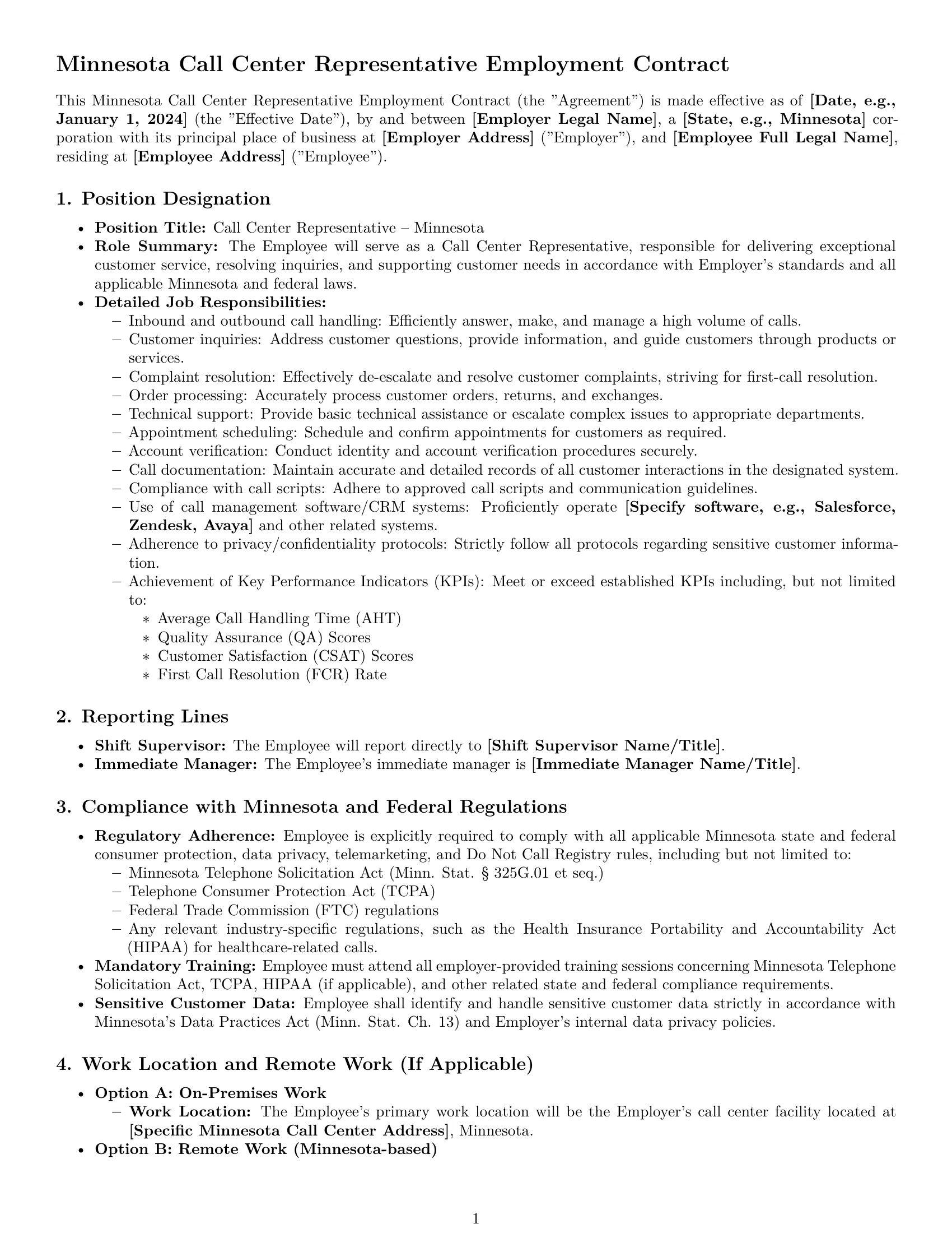 Preview page 1 of Pro Minnesota call center representative employment contract template