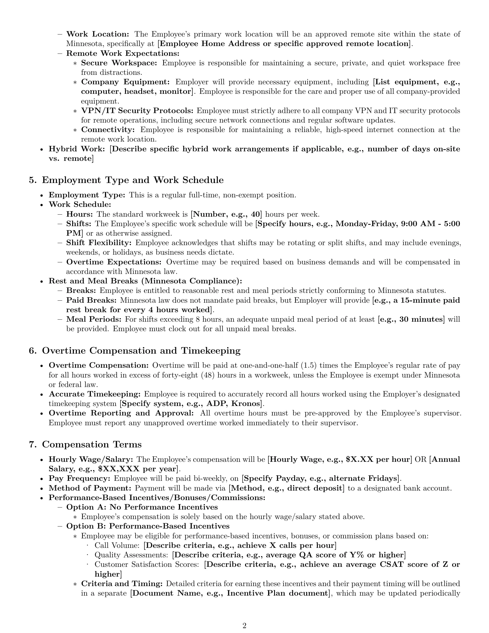 Preview page 2 of Pro Minnesota call center representative employment contract template