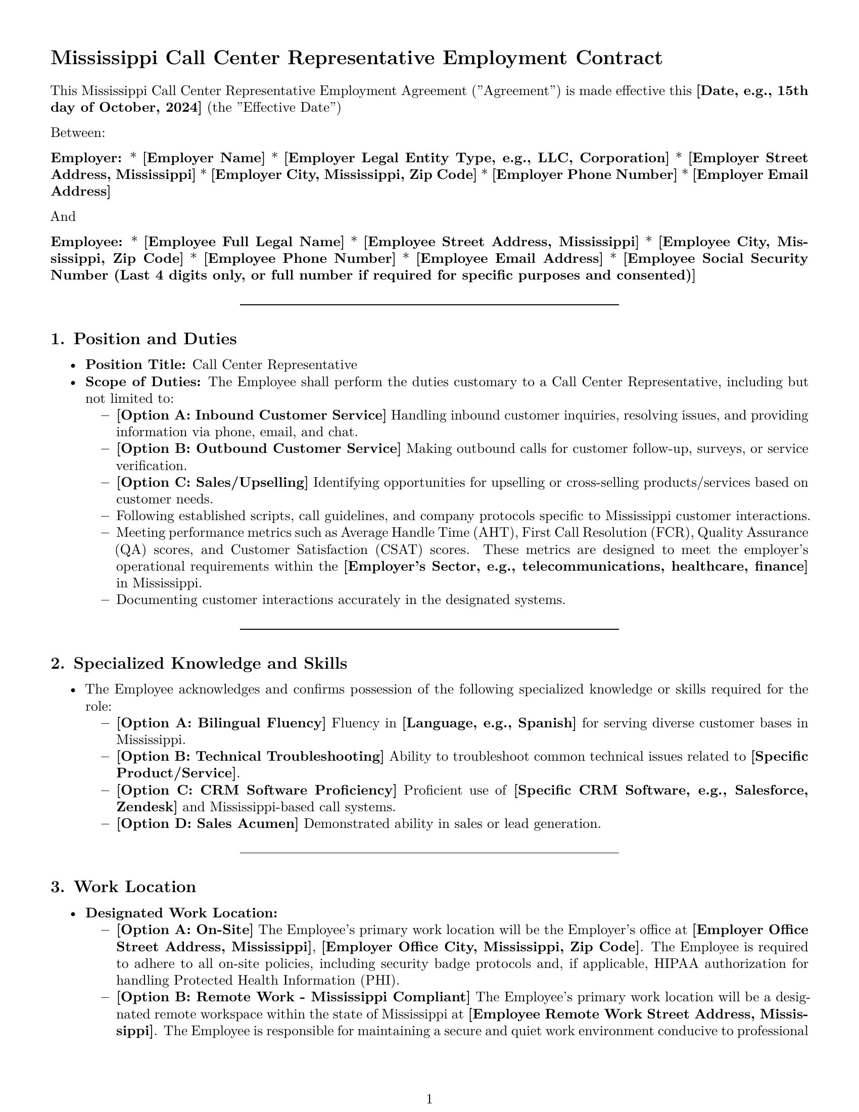 Preview page 1 of Pro Mississippi call center representative employment contract template