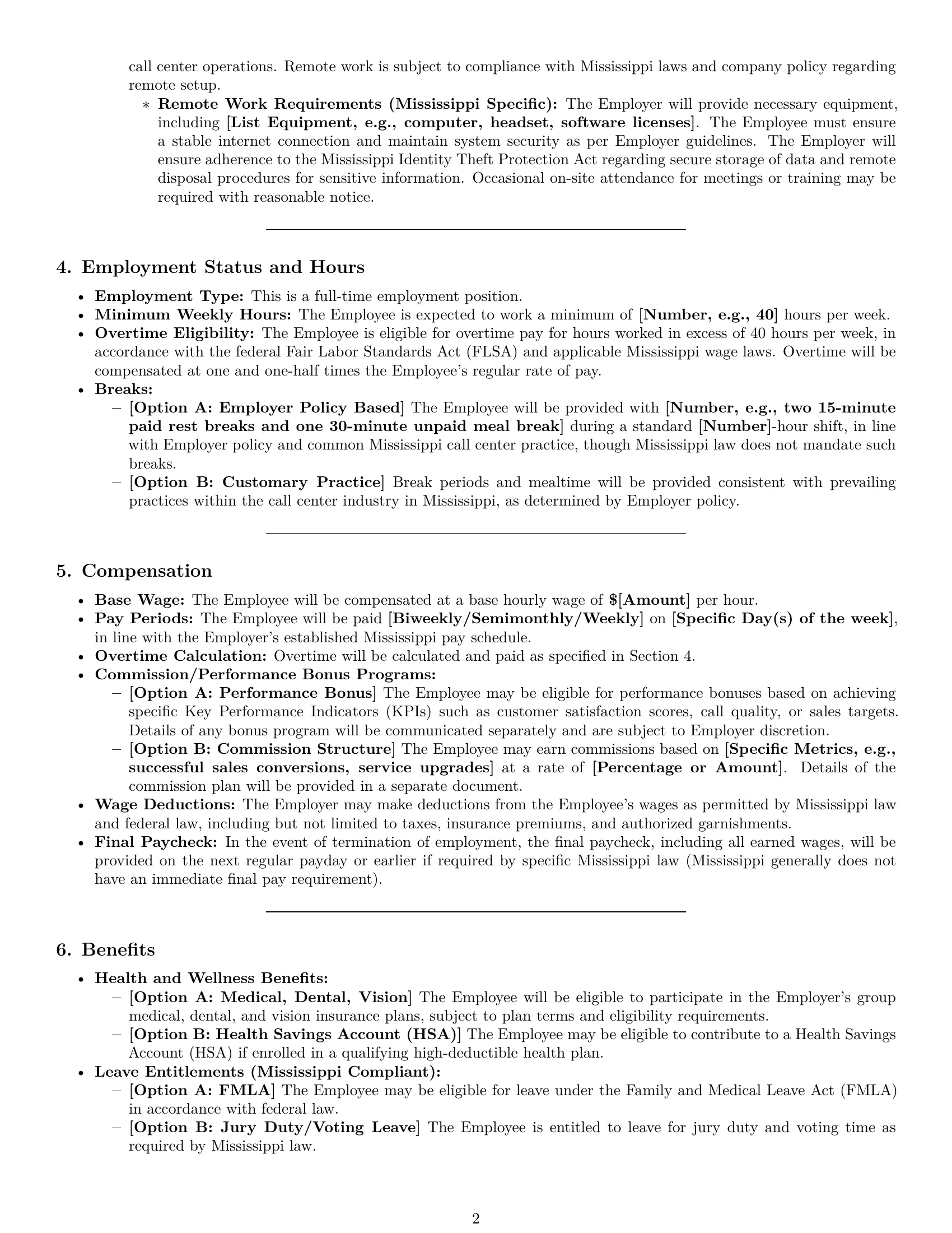 Preview page 2 of Pro Mississippi call center representative employment contract template