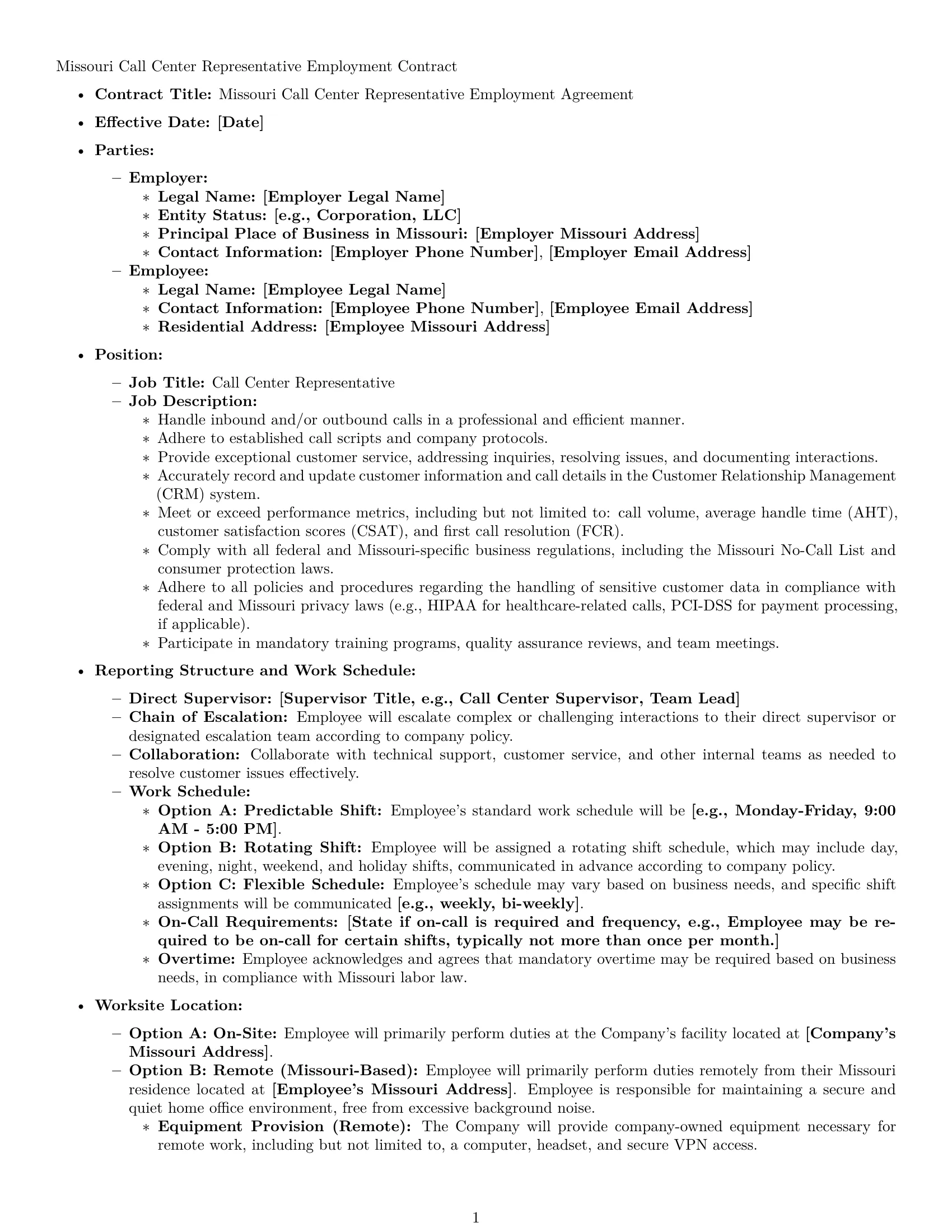 Preview page 1 of Pro Missouri call center representative employment contract template