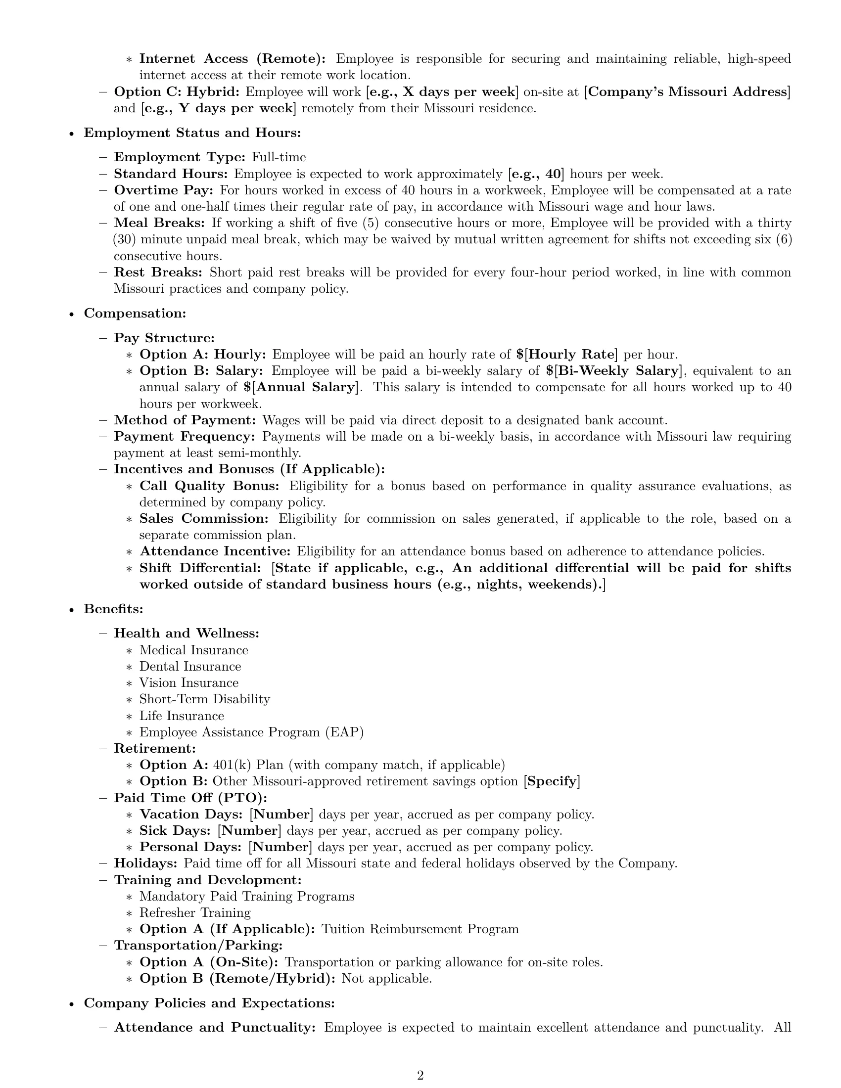 Preview page 2 of Pro Missouri call center representative employment contract template