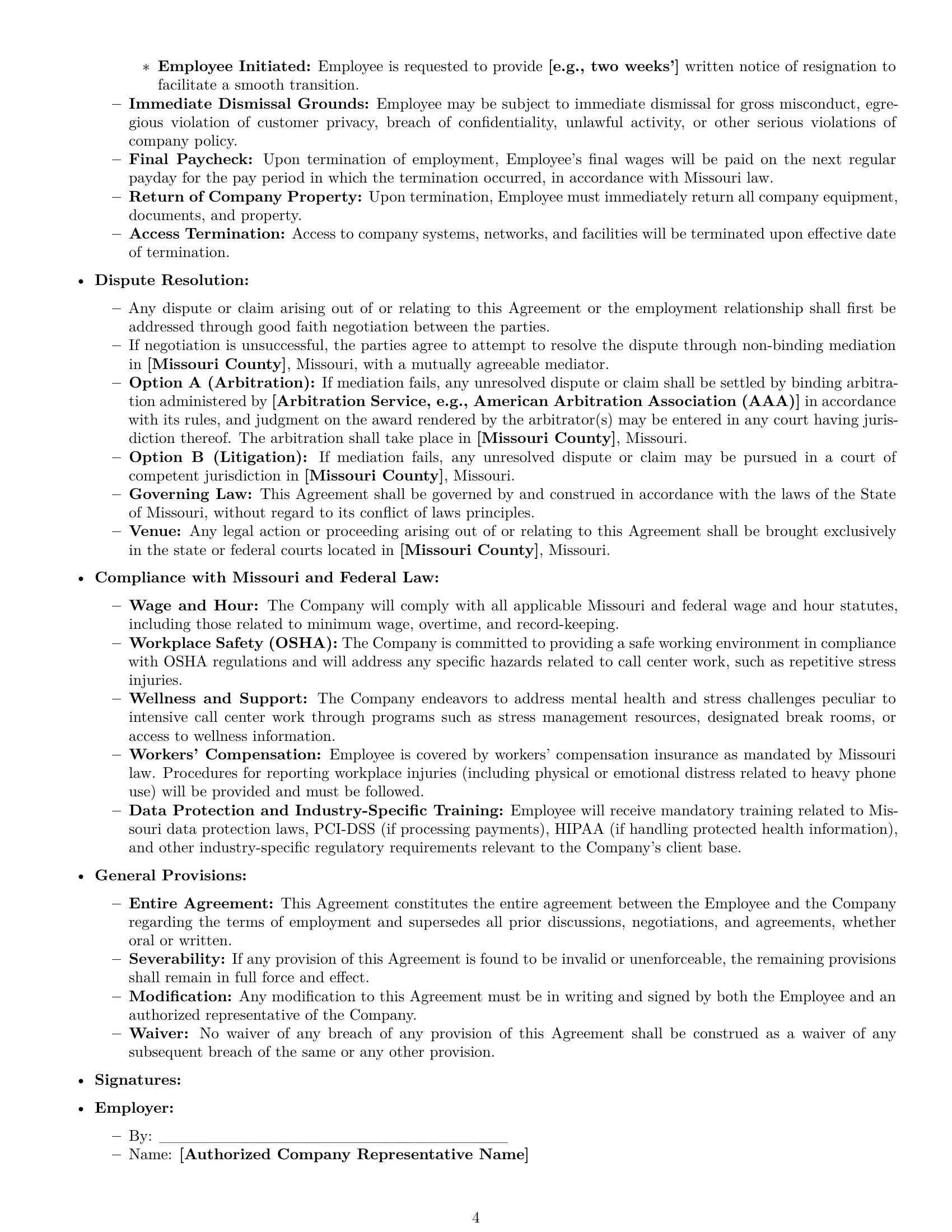 Preview page 4 of Pro Missouri call center representative employment contract template