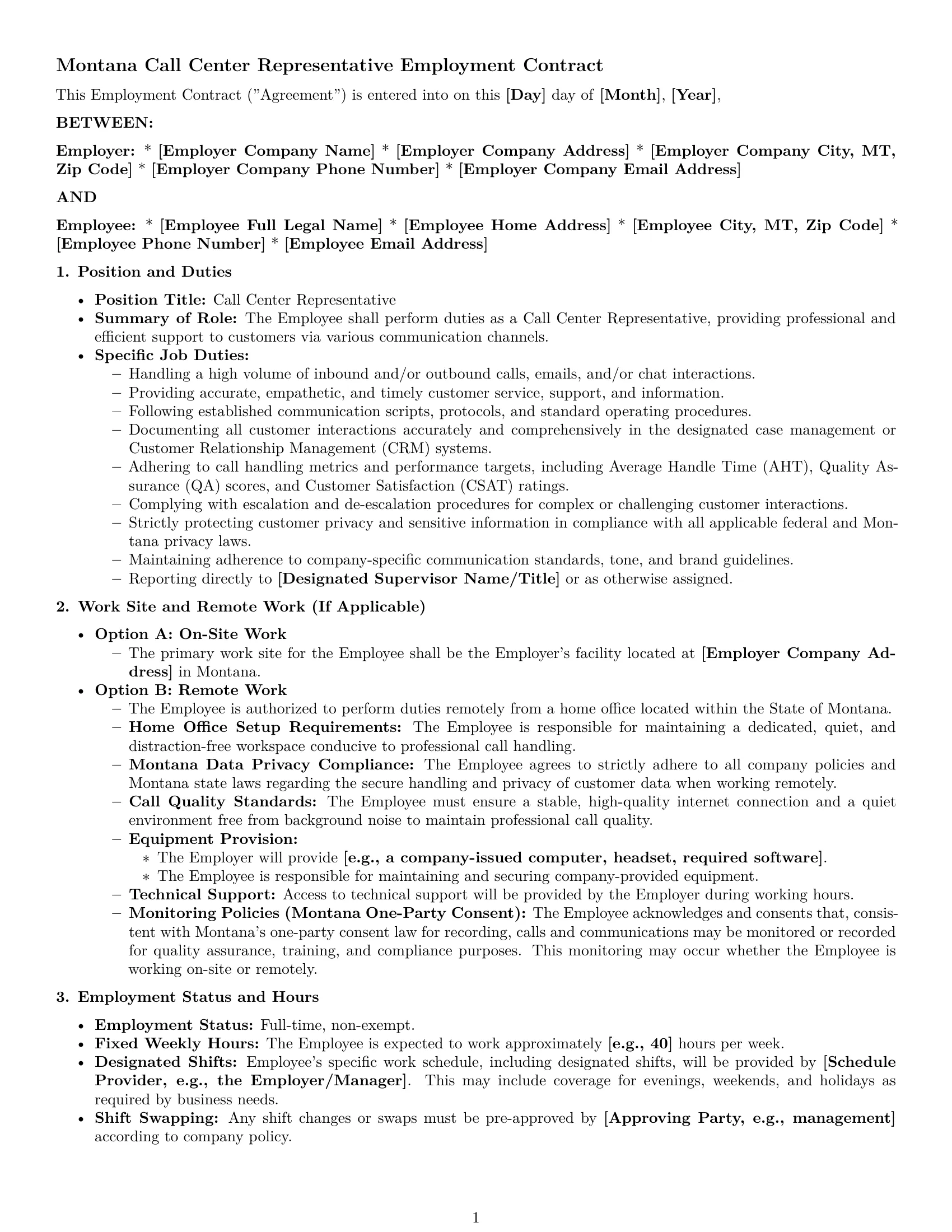 Preview page 1 of Pro Montana call center representative employment contract template