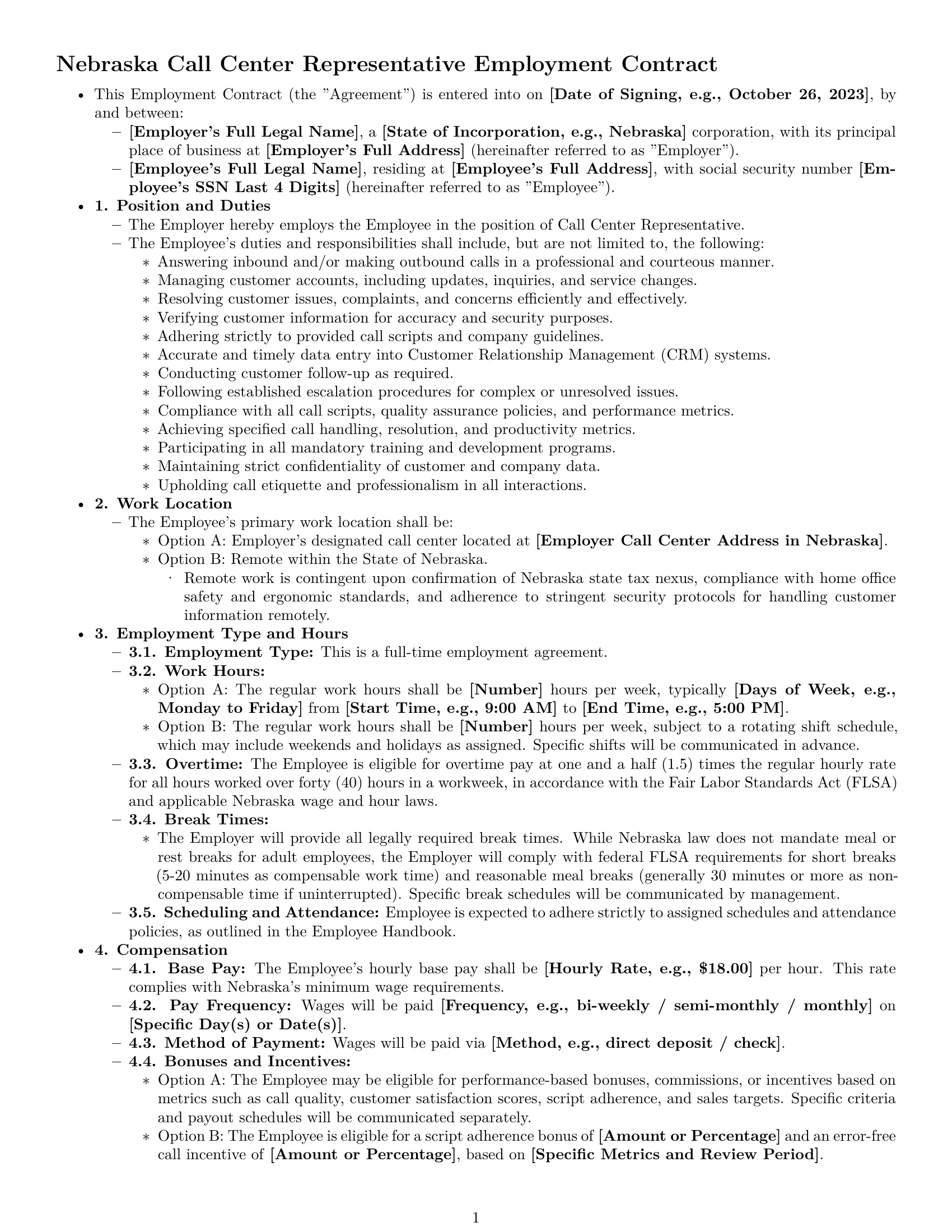 Preview page 1 of Pro Nebraska call center representative employment contract template