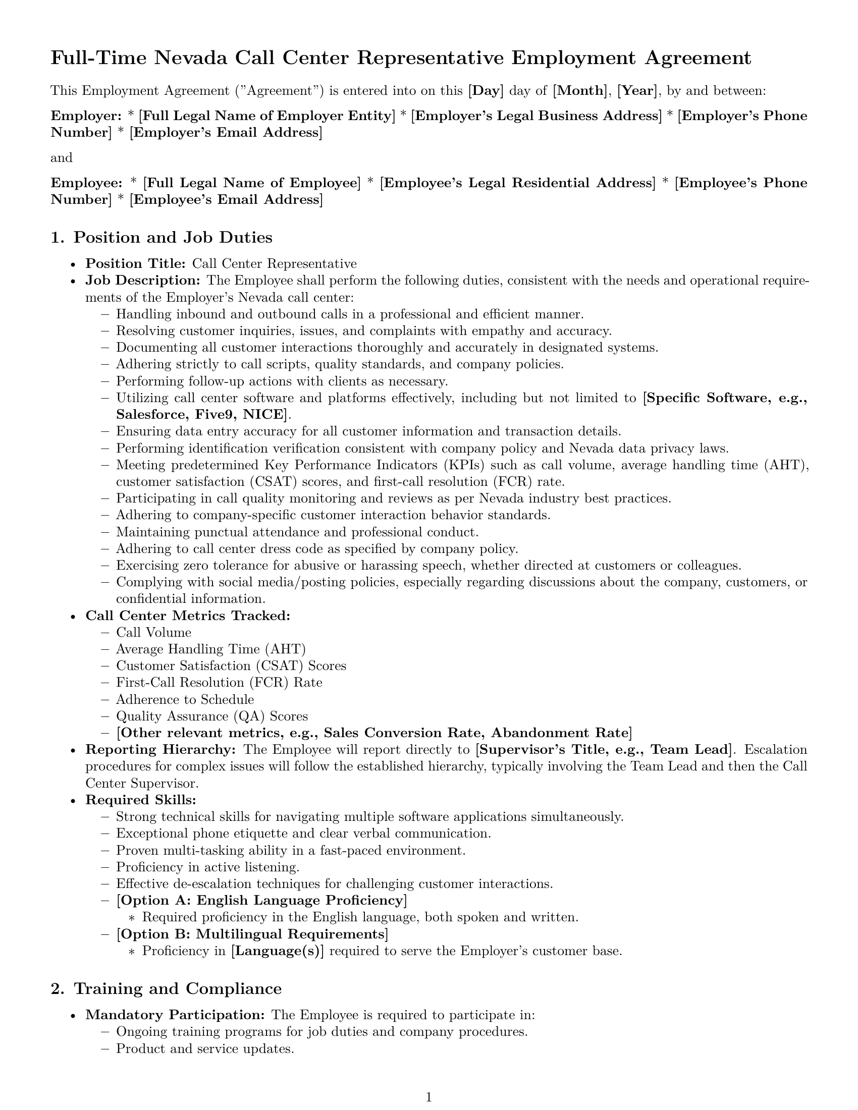 Preview page 1 of Pro Nevada call center representative employment contract template