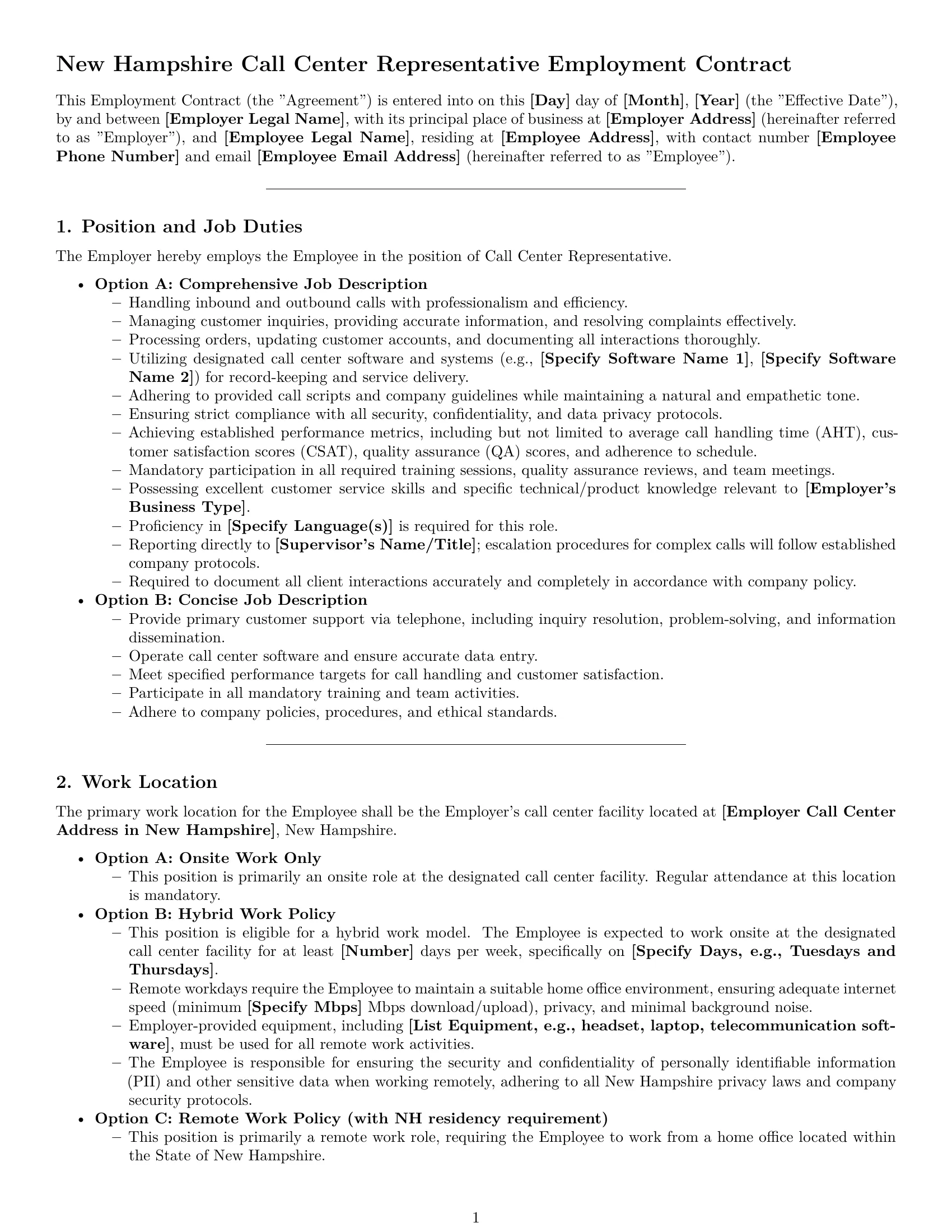 Preview page 1 of Pro New Hampshire call center representative employment contract template