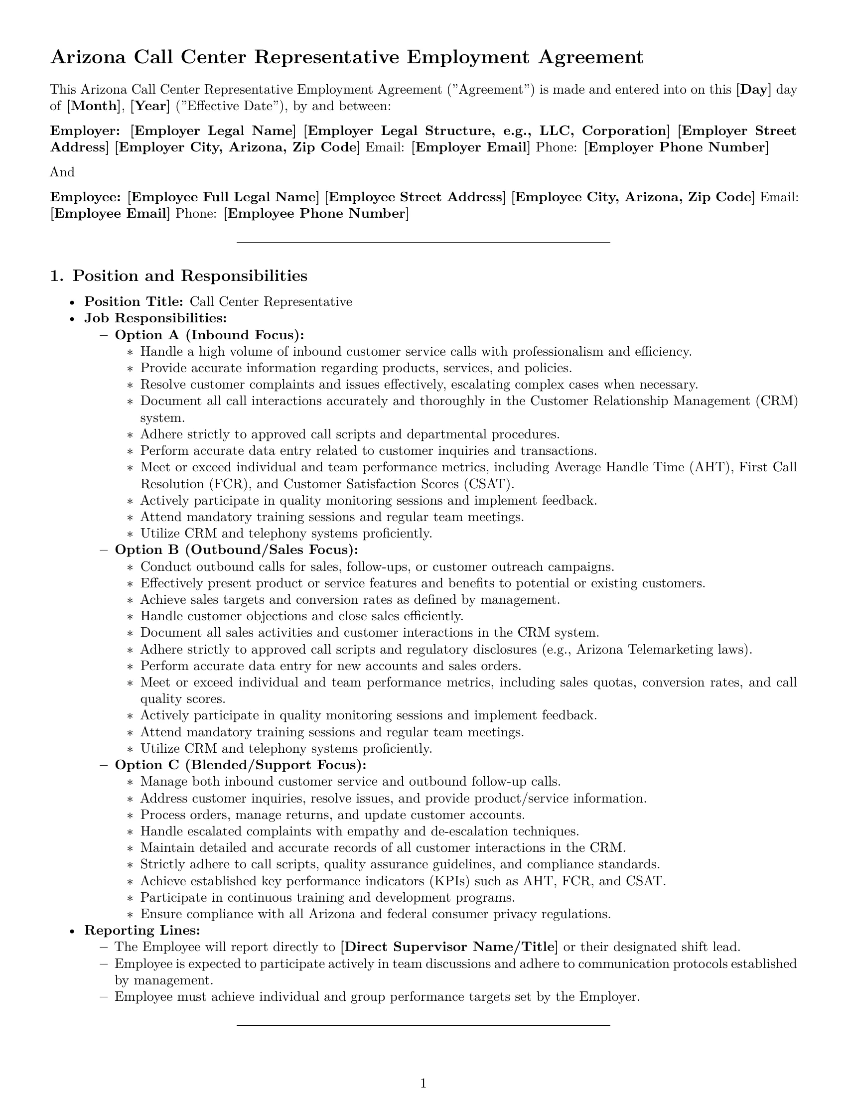 Preview page 1 of Pro Arizona call center representative employment contract template