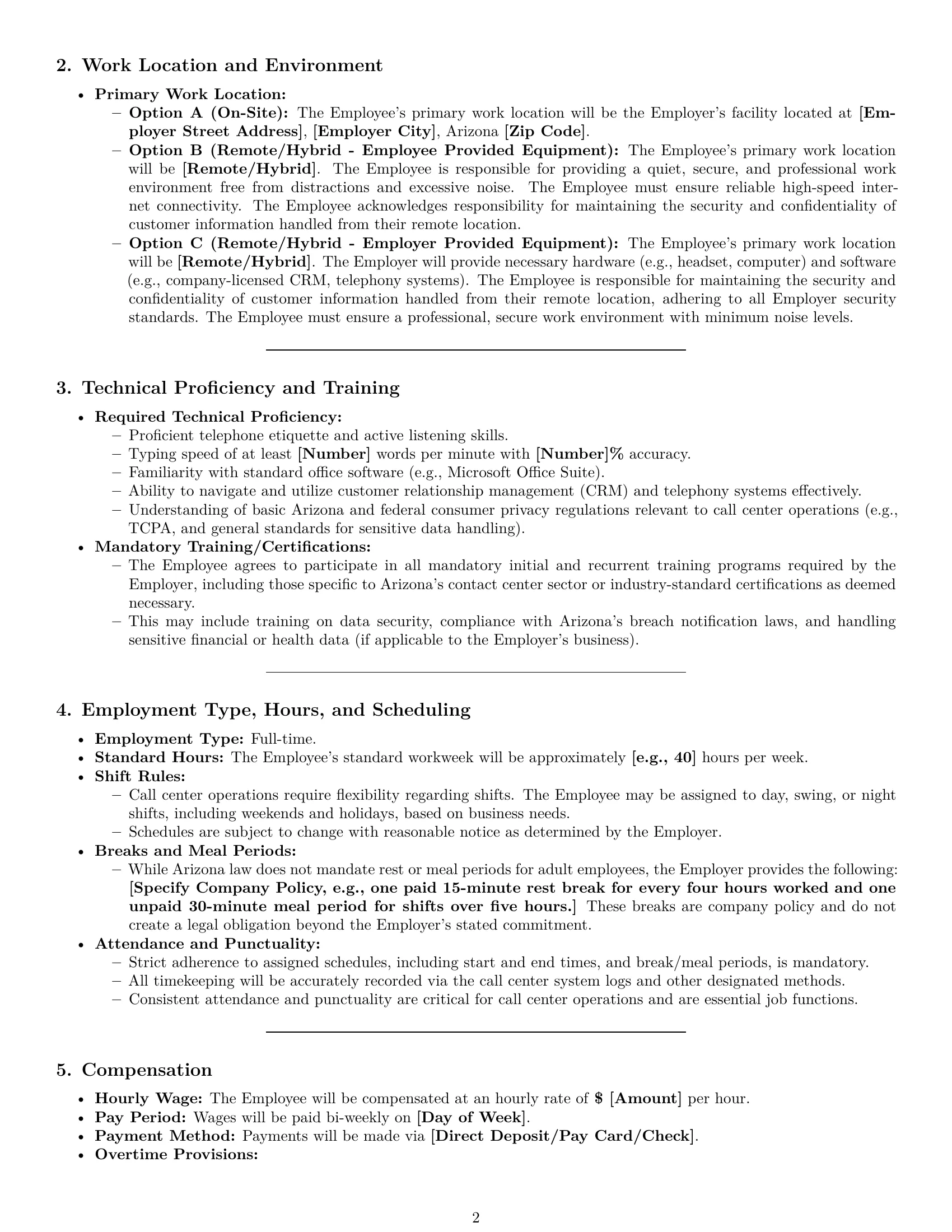 Preview page 2 of Pro Arizona call center representative employment contract template