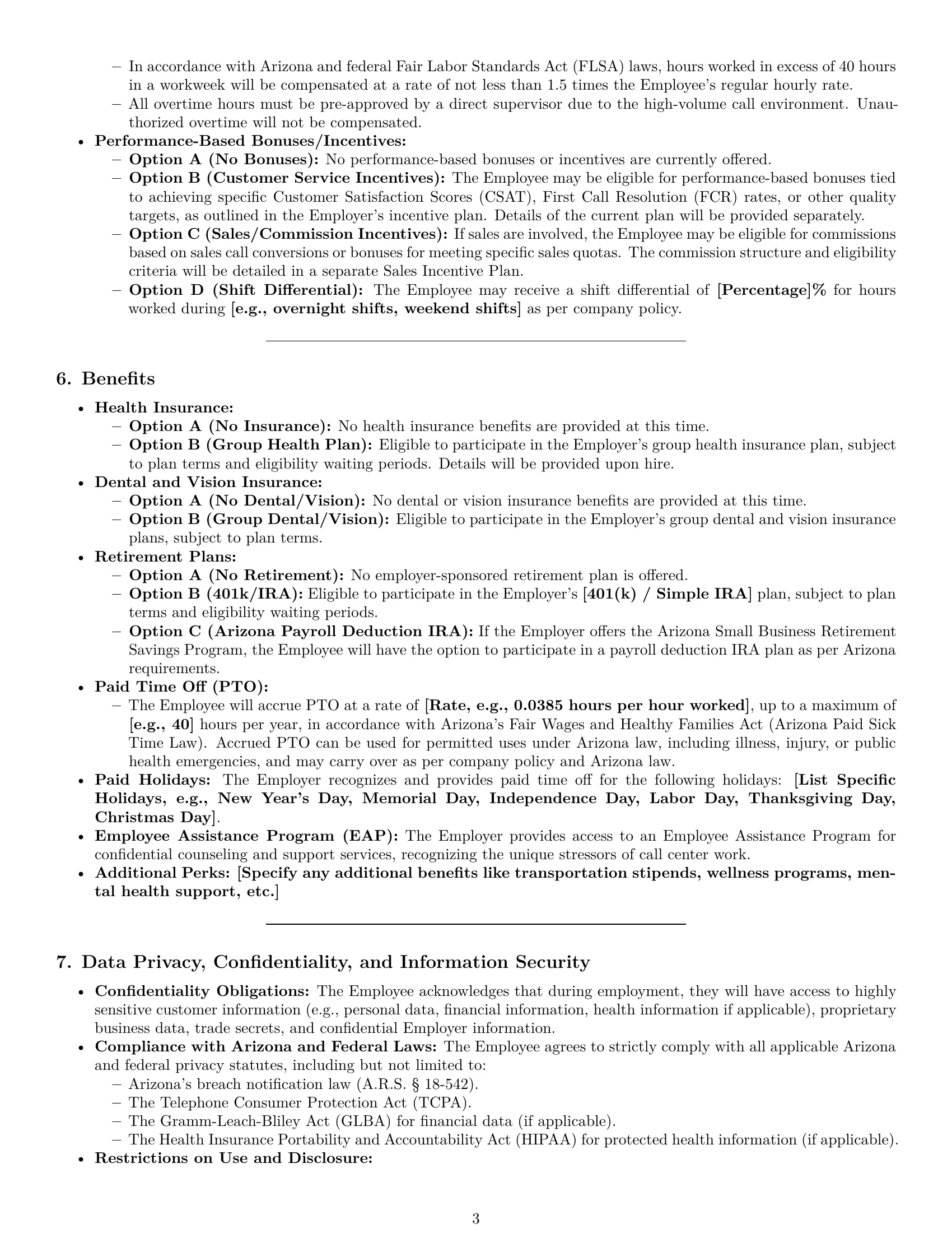 Preview page 3 of Pro Arizona call center representative employment contract template
