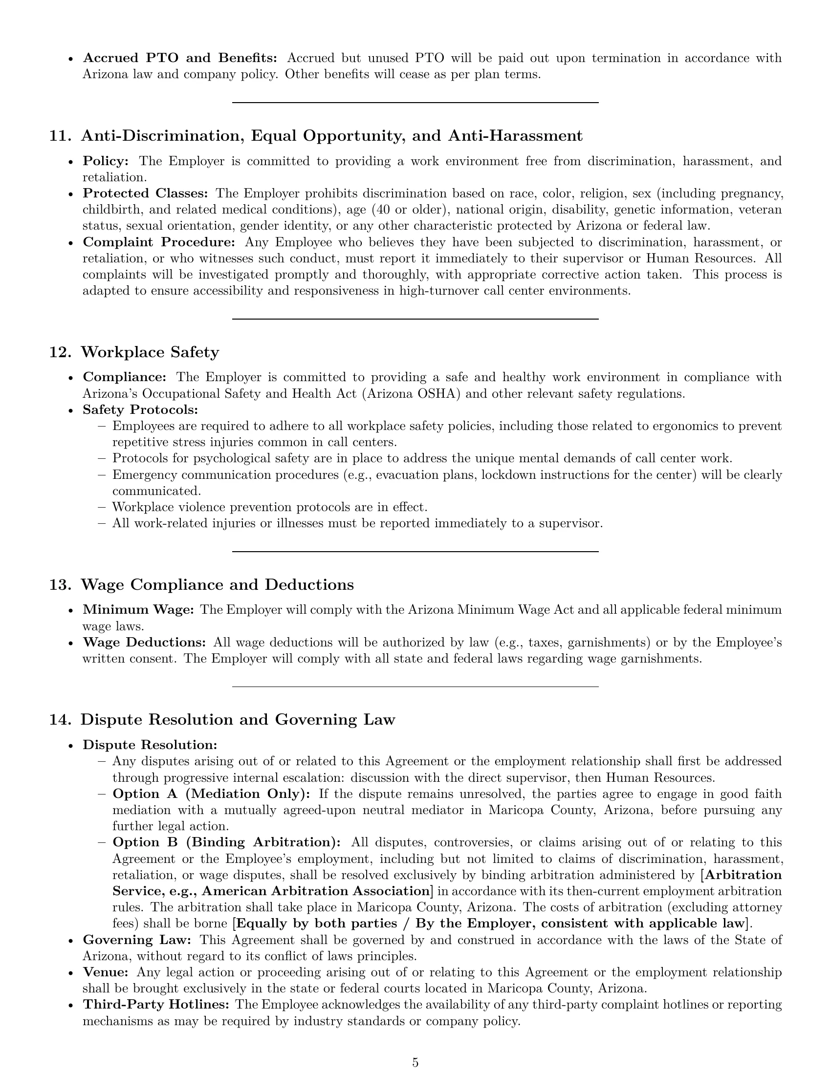 Preview page 5 of Pro Arizona call center representative employment contract template
