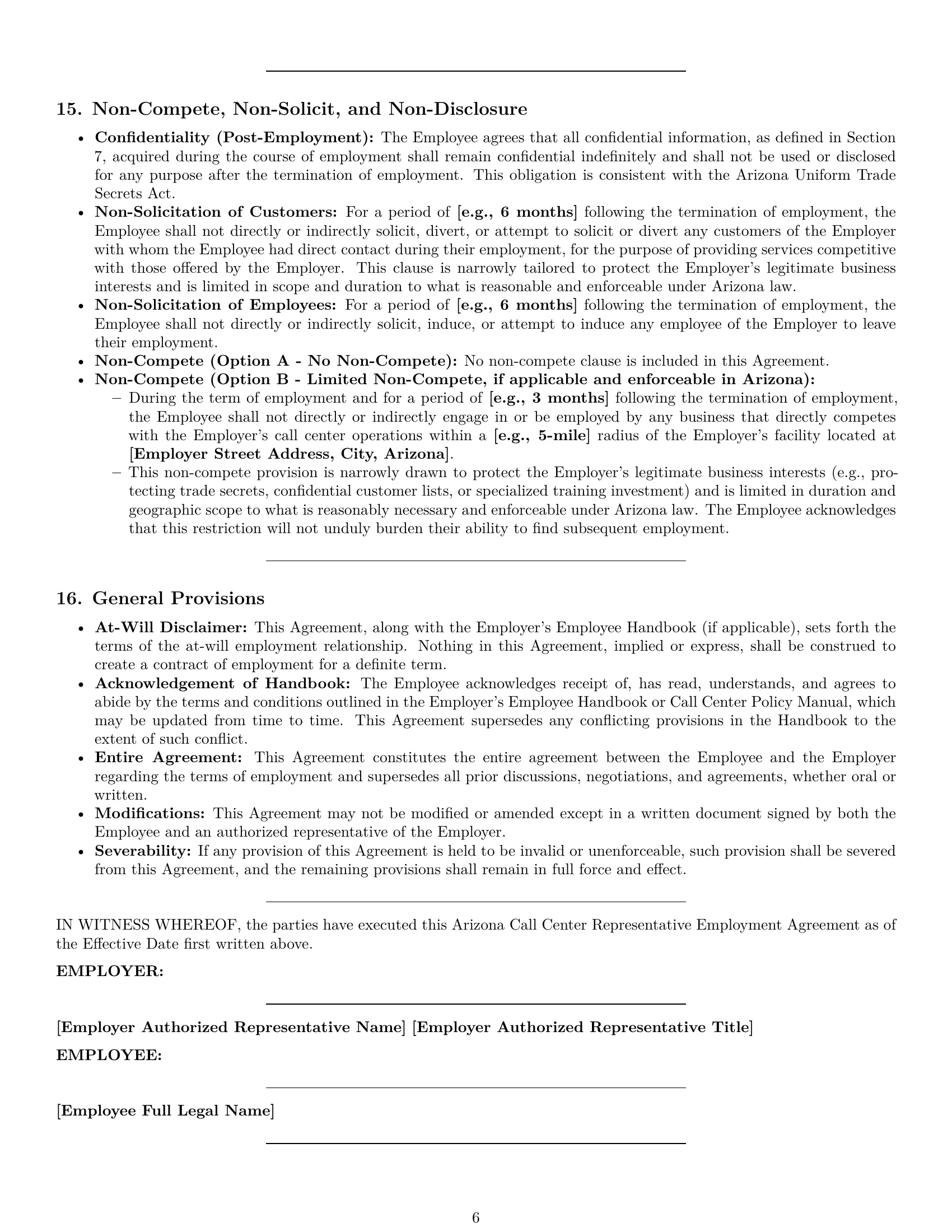 Preview page 6 of Pro Arizona call center representative employment contract template