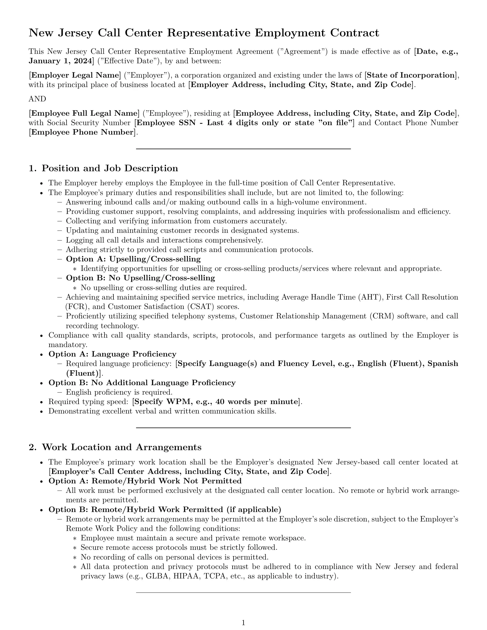 Preview page 1 of Pro New Jersey call center representative employment contract template