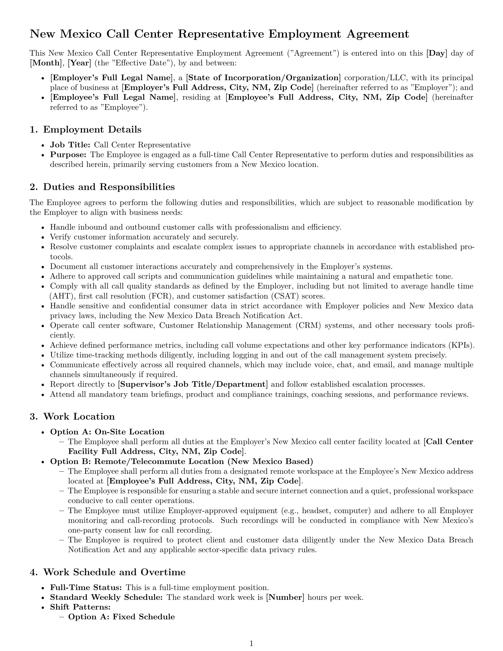 Preview page 1 of Pro New Mexico call center representative employment contract template