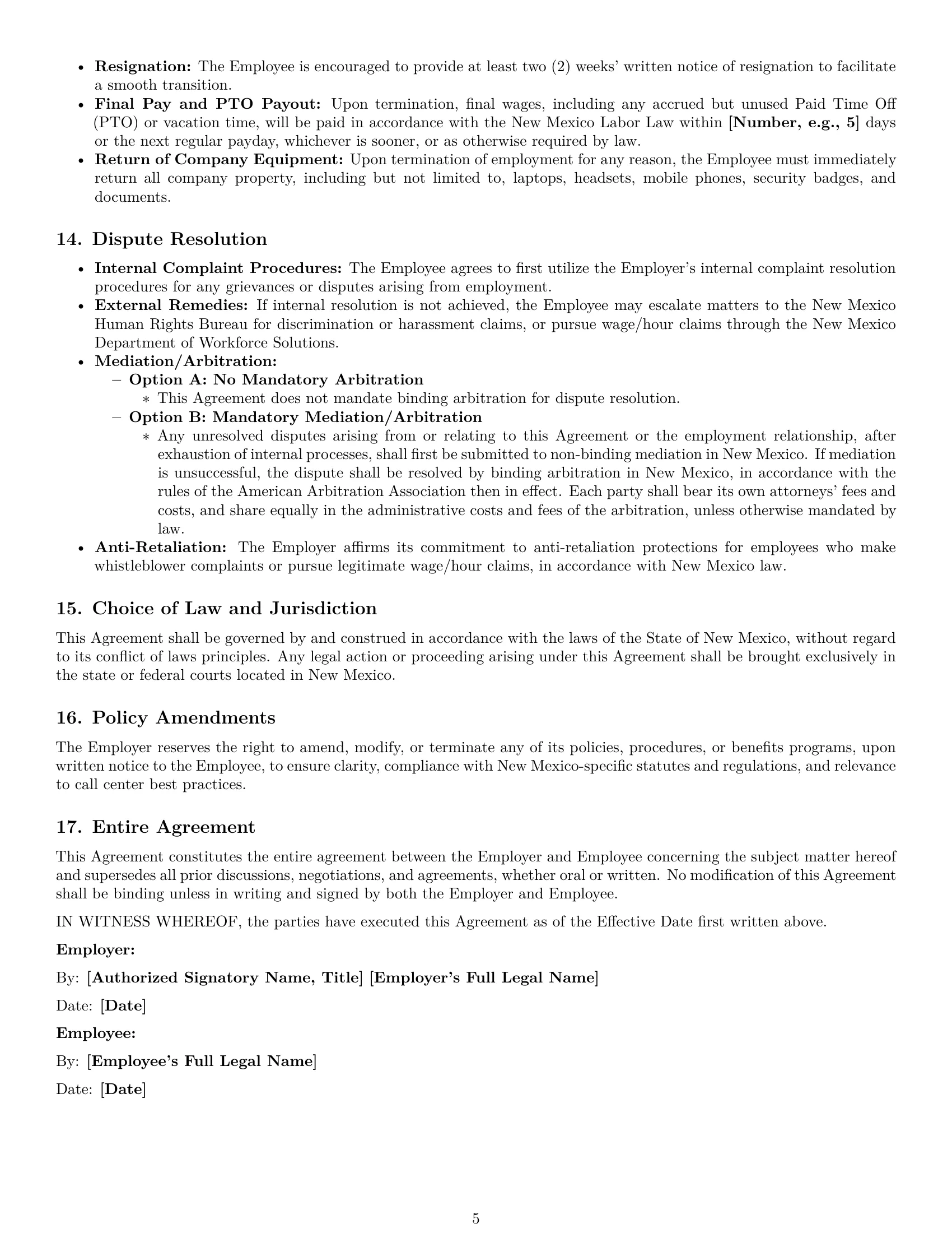 Preview page 5 of Pro New Mexico call center representative employment contract template