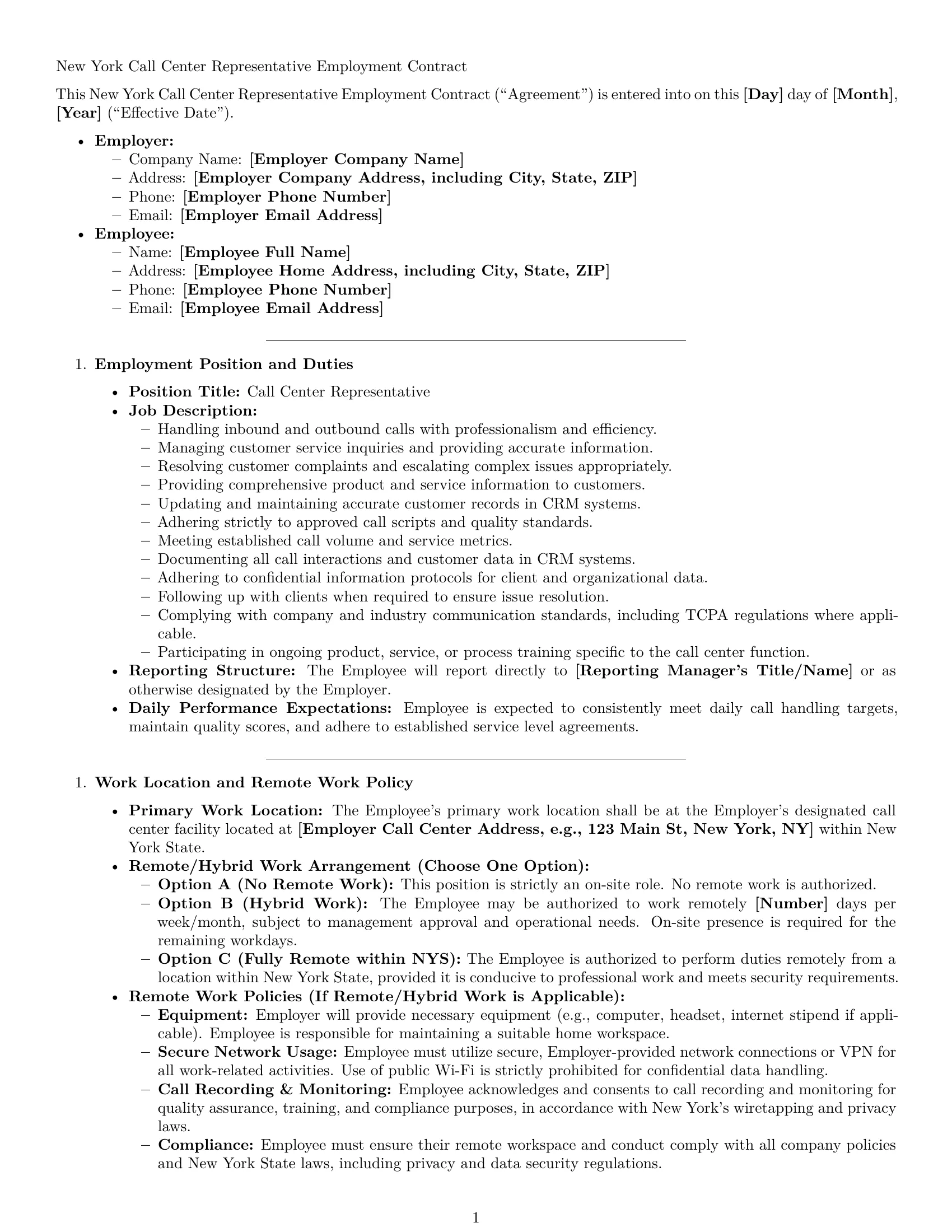 Preview page 1 of Pro New York call center representative employment contract template