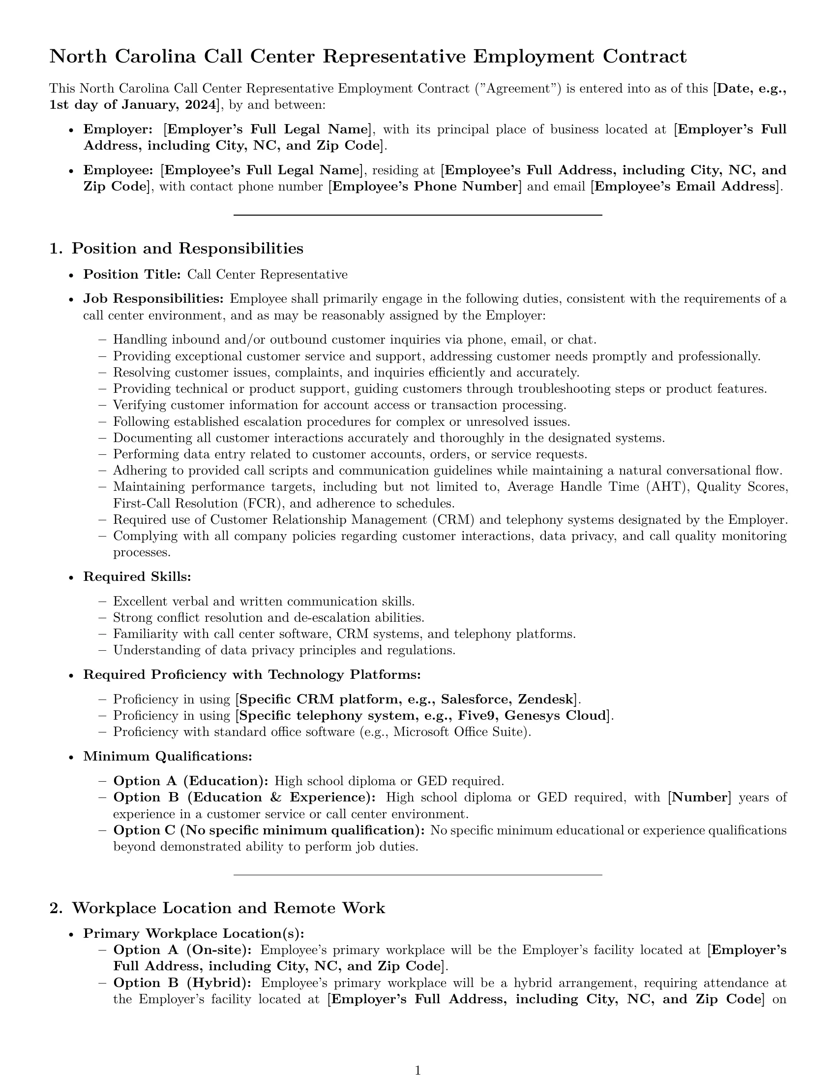 Preview page 1 of Pro North Carolina call center representative employment contract template