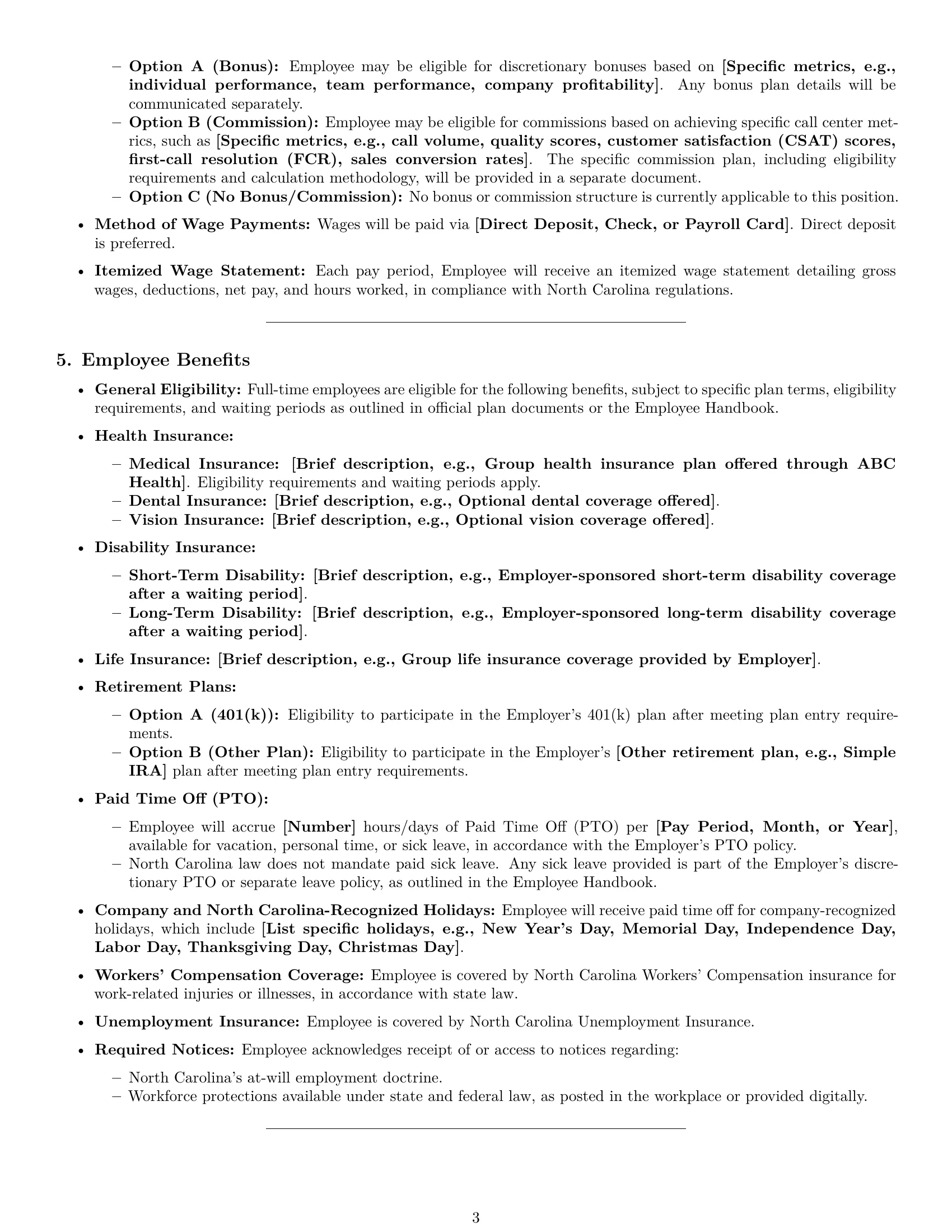 Preview page 3 of Pro North Carolina call center representative employment contract template