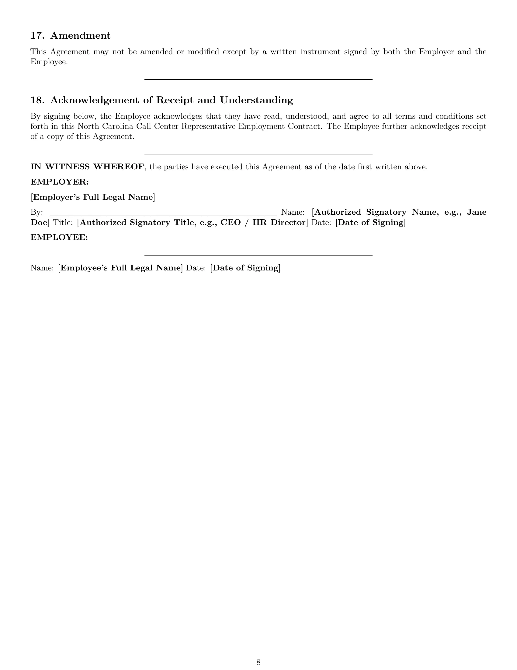 Preview page 8 of Pro North Carolina call center representative employment contract template