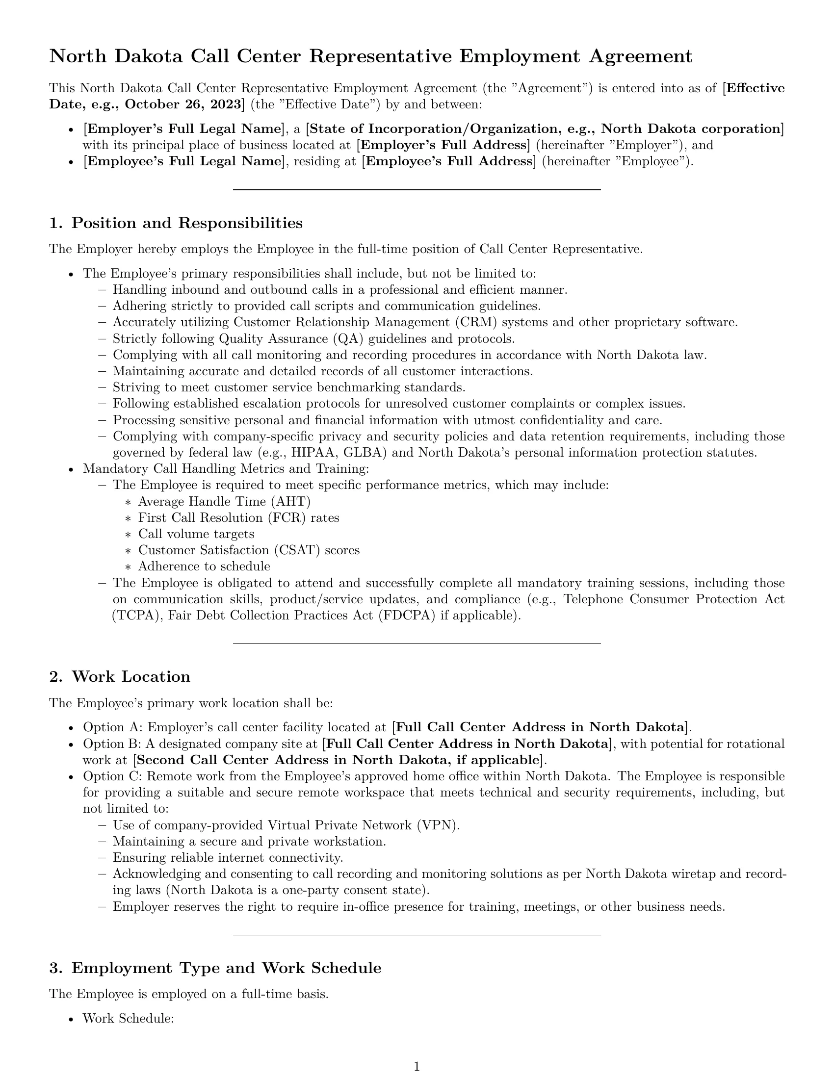 Preview page 1 of Pro North Dakota call center representative employment contract template