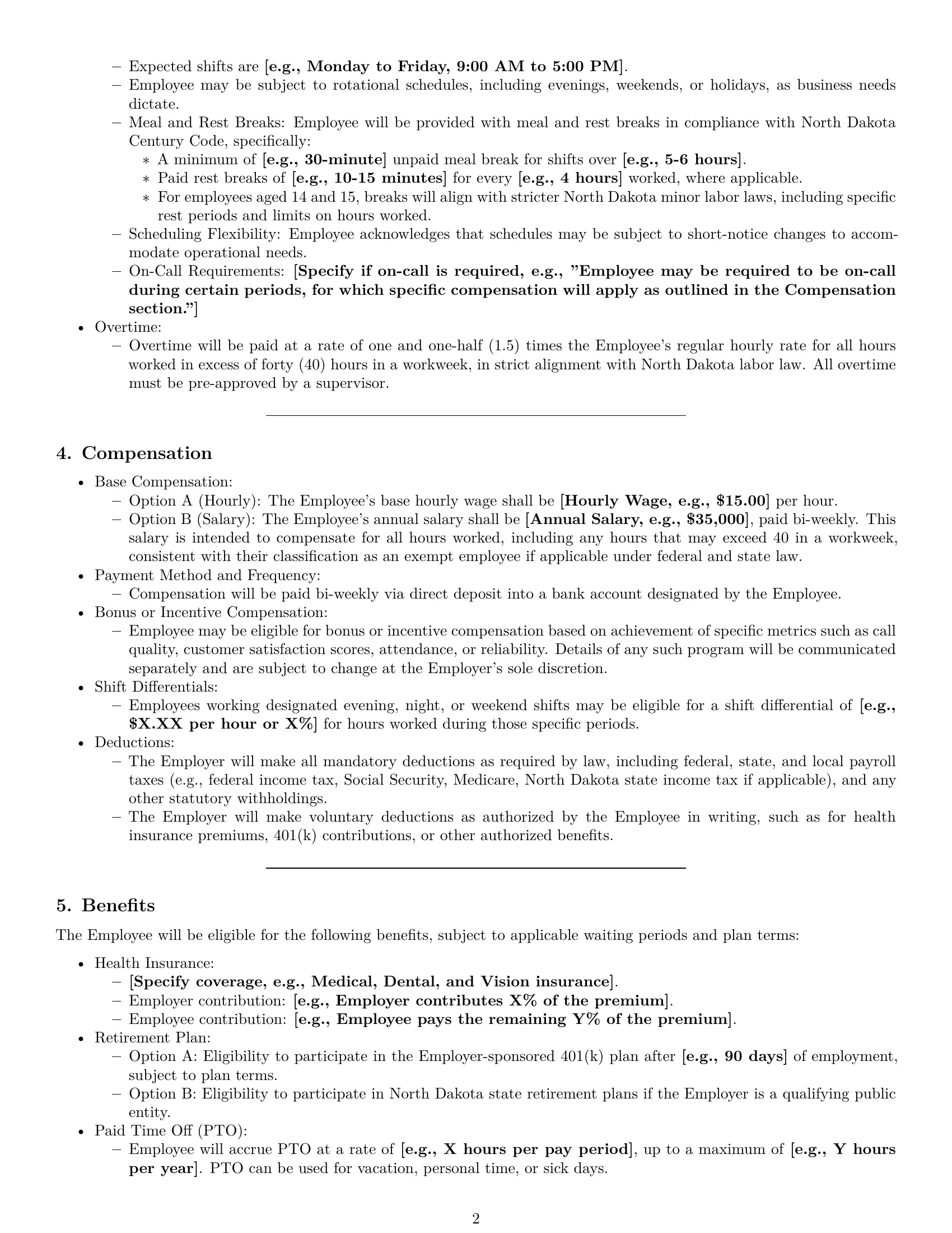Preview page 2 of Pro North Dakota call center representative employment contract template