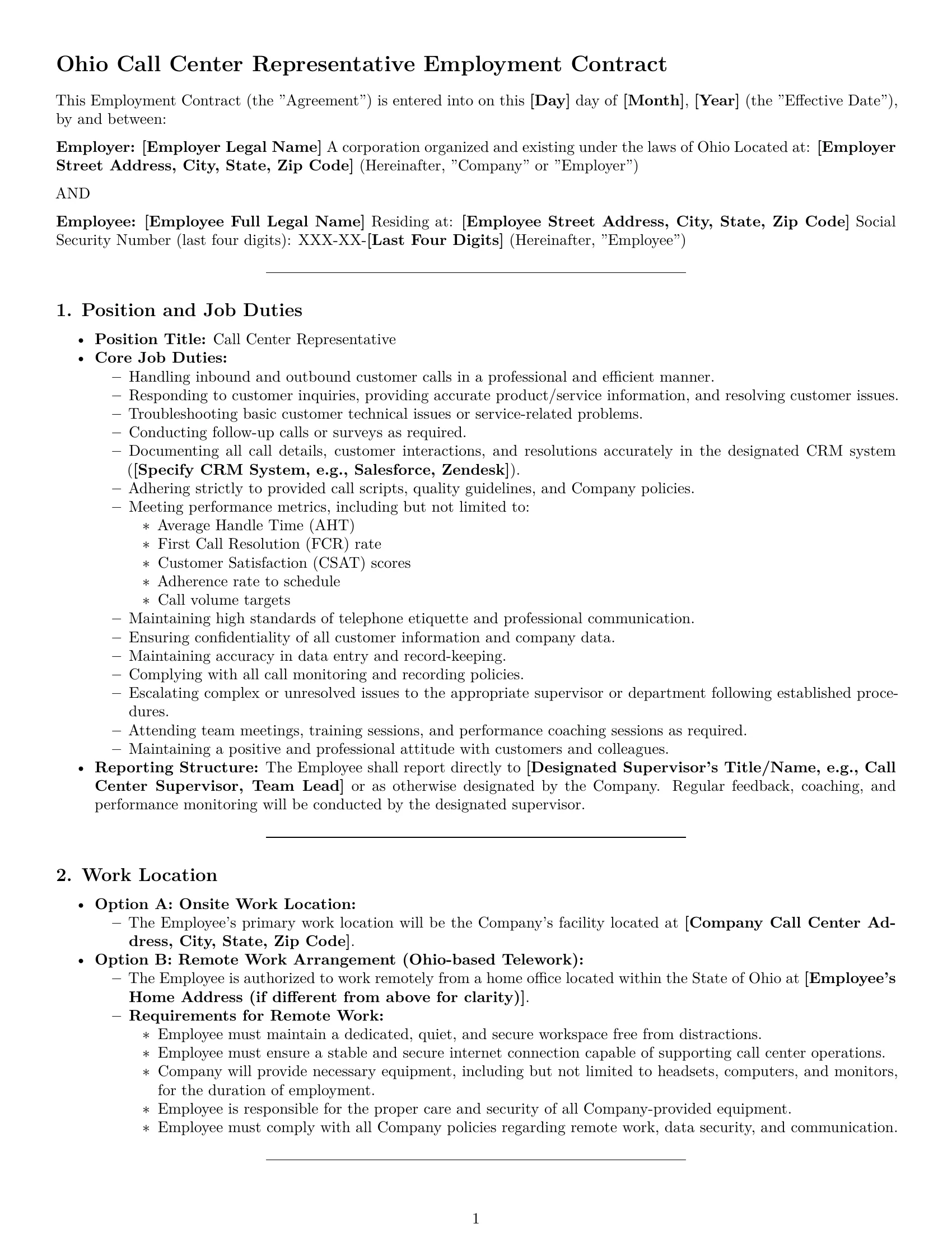 Preview page 1 of Pro Ohio call center representative employment contract template