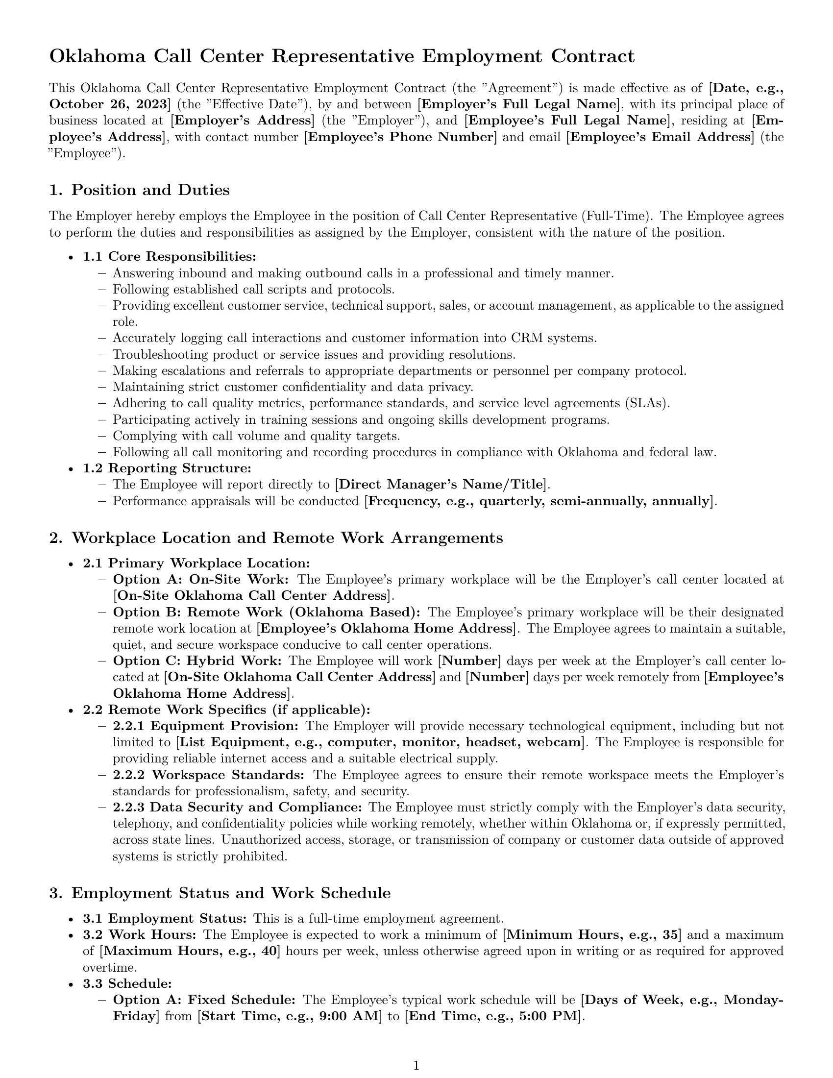 Preview page 1 of Pro Oklahoma call center representative employment contract template