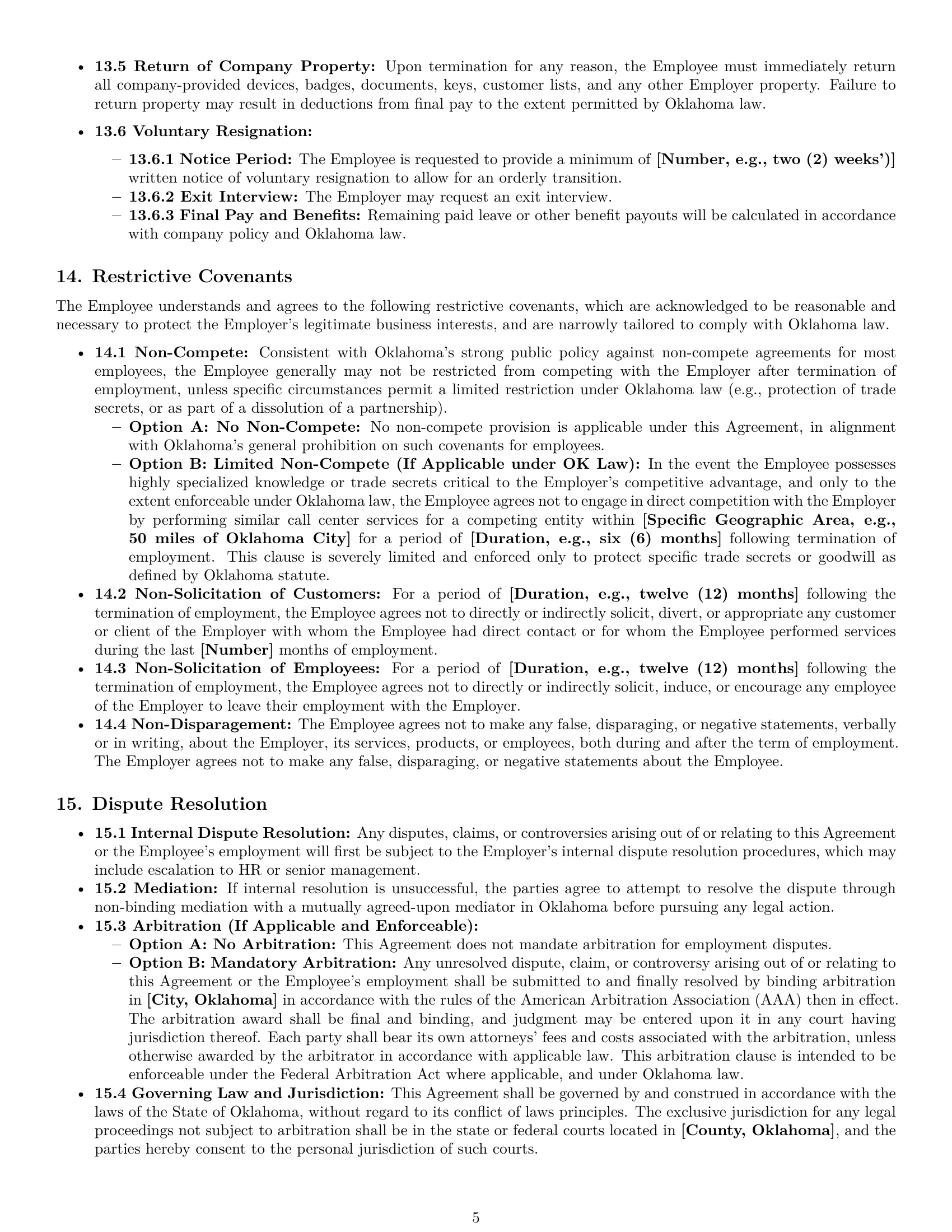 Preview page 5 of Pro Oklahoma call center representative employment contract template