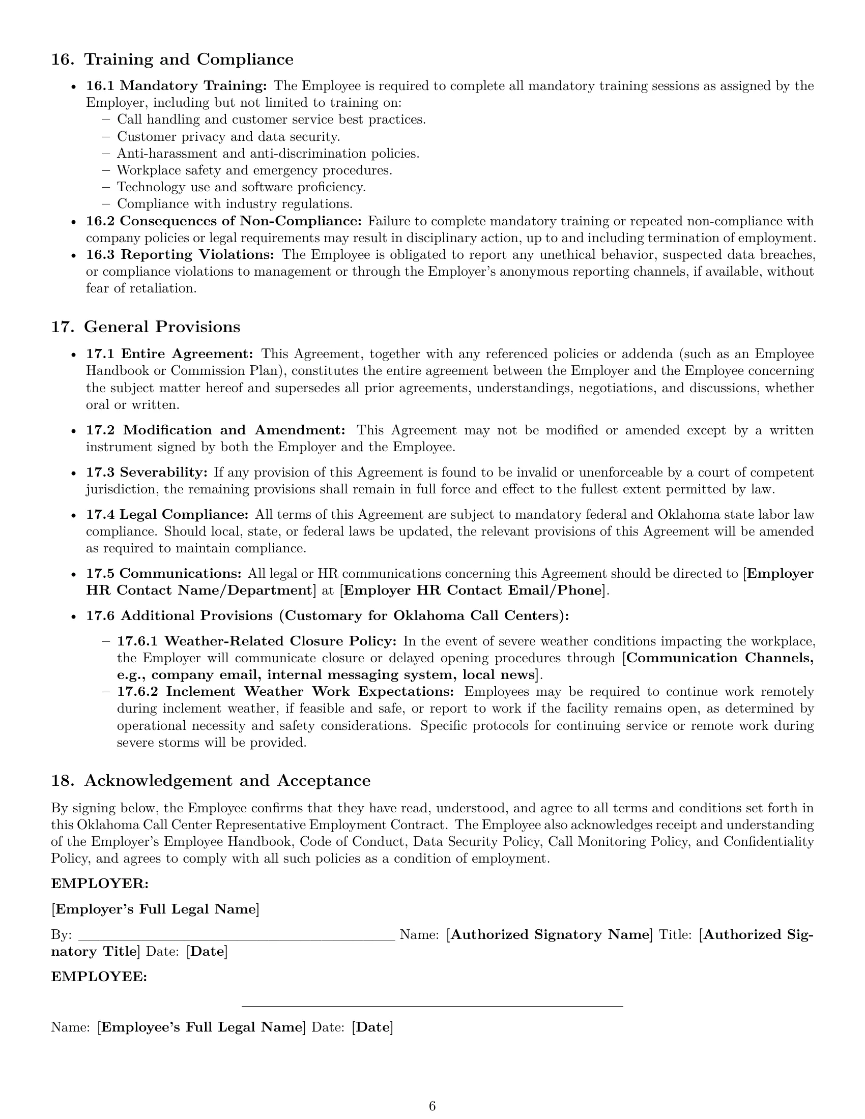 Preview page 6 of Pro Oklahoma call center representative employment contract template