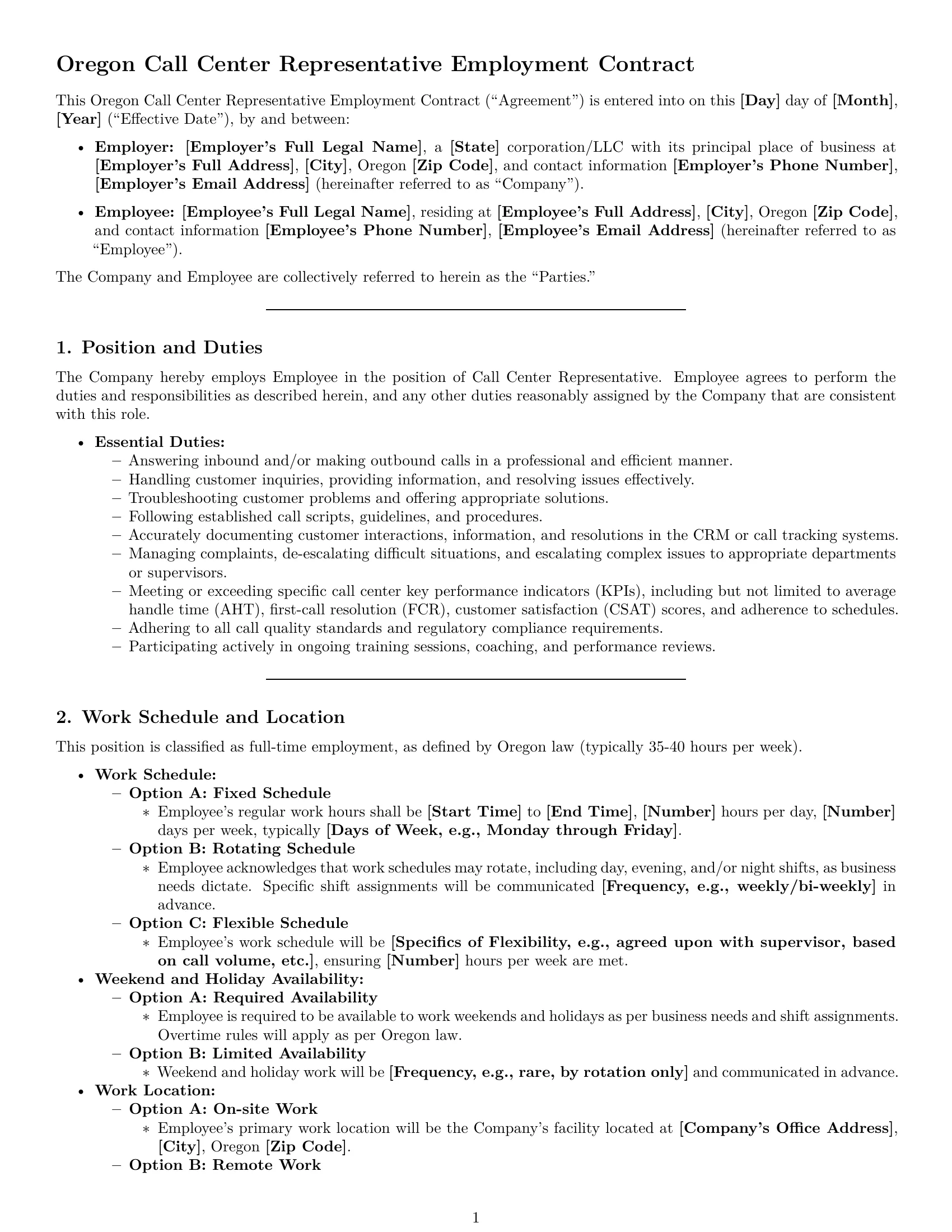 Preview page 1 of Pro Oregon call center representative employment contract template