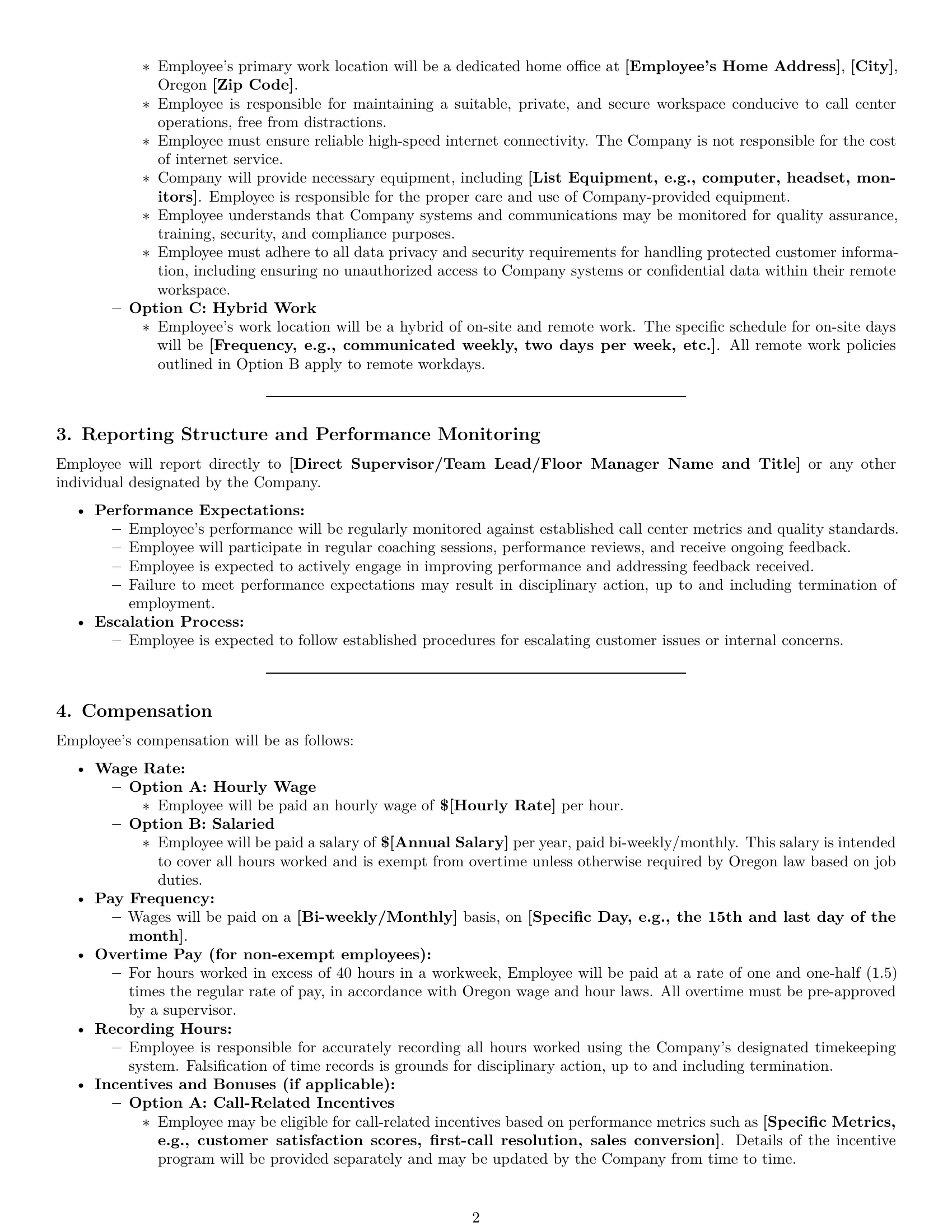 Preview page 2 of Pro Oregon call center representative employment contract template