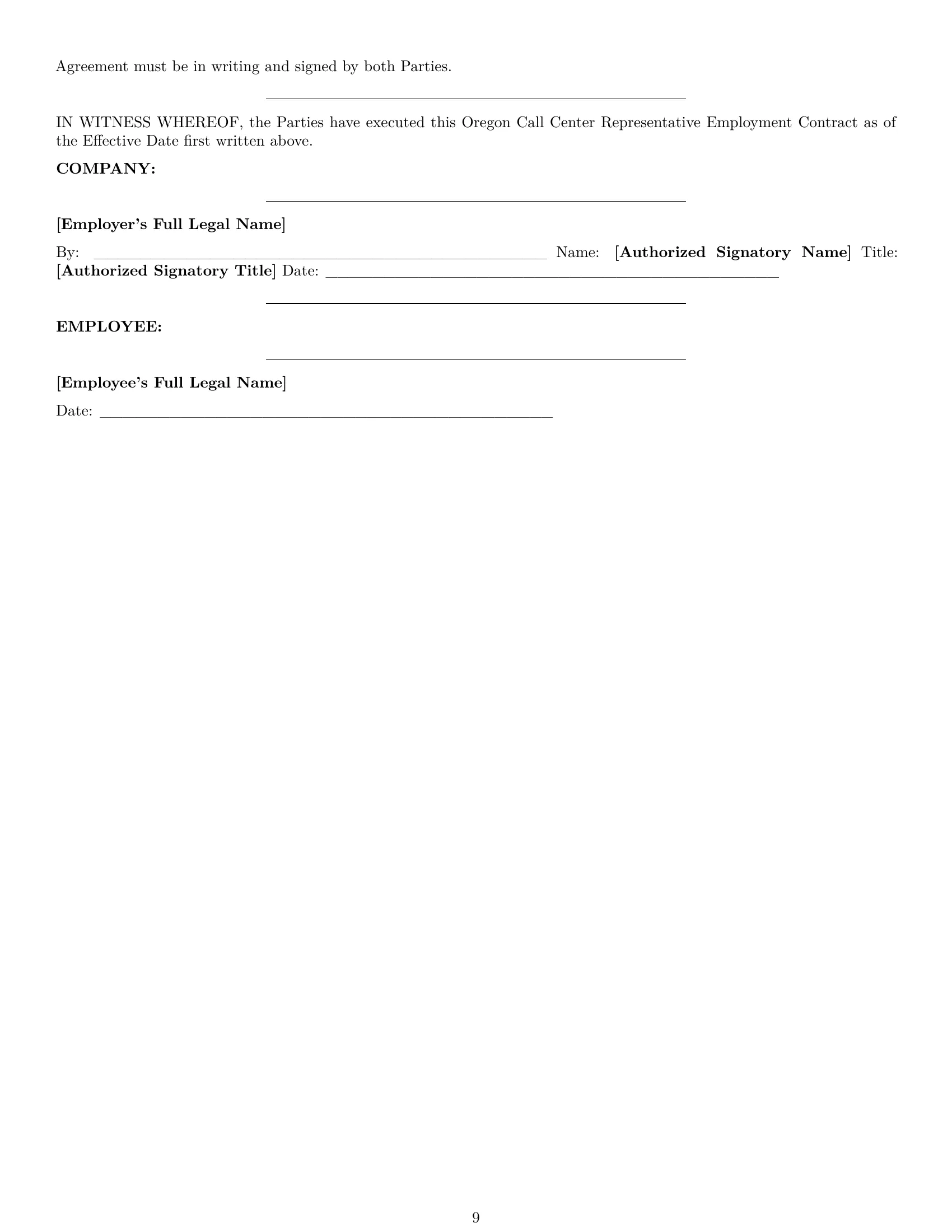 Preview page 9 of Pro Oregon call center representative employment contract template
