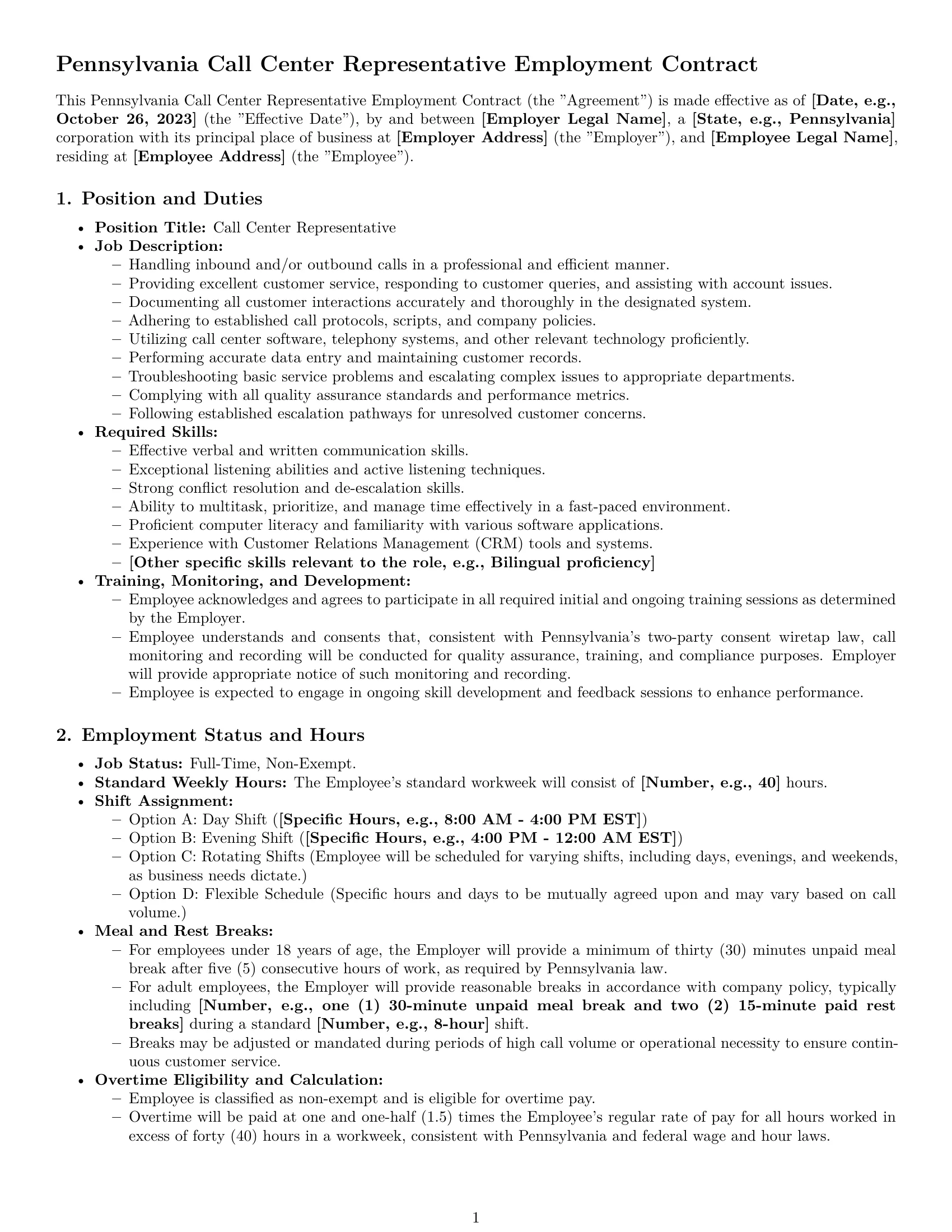 Preview page 1 of Pro Pennsylvania call center representative employment contract template
