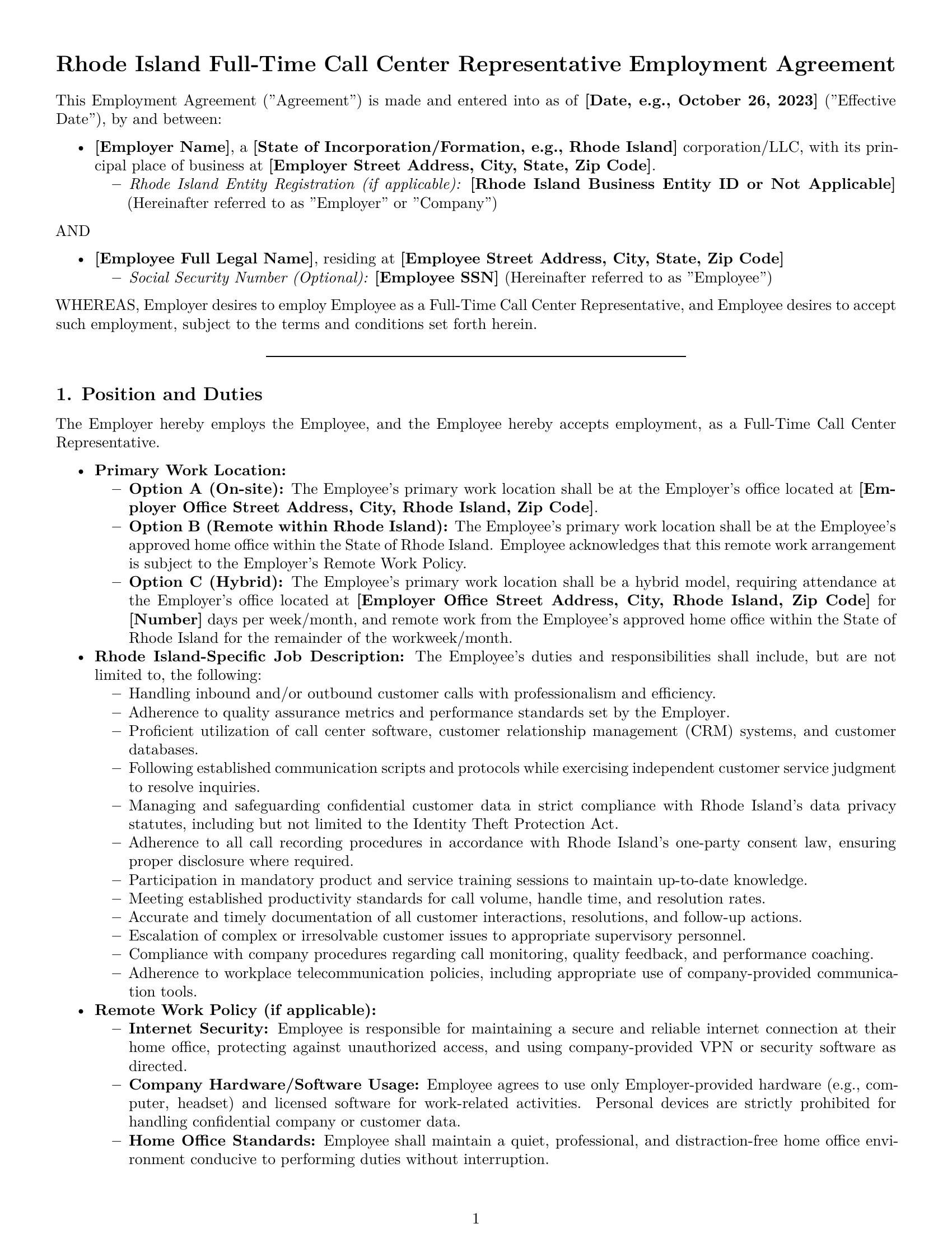 Preview page 1 of Pro Rhode Island call center representative employment contract template
