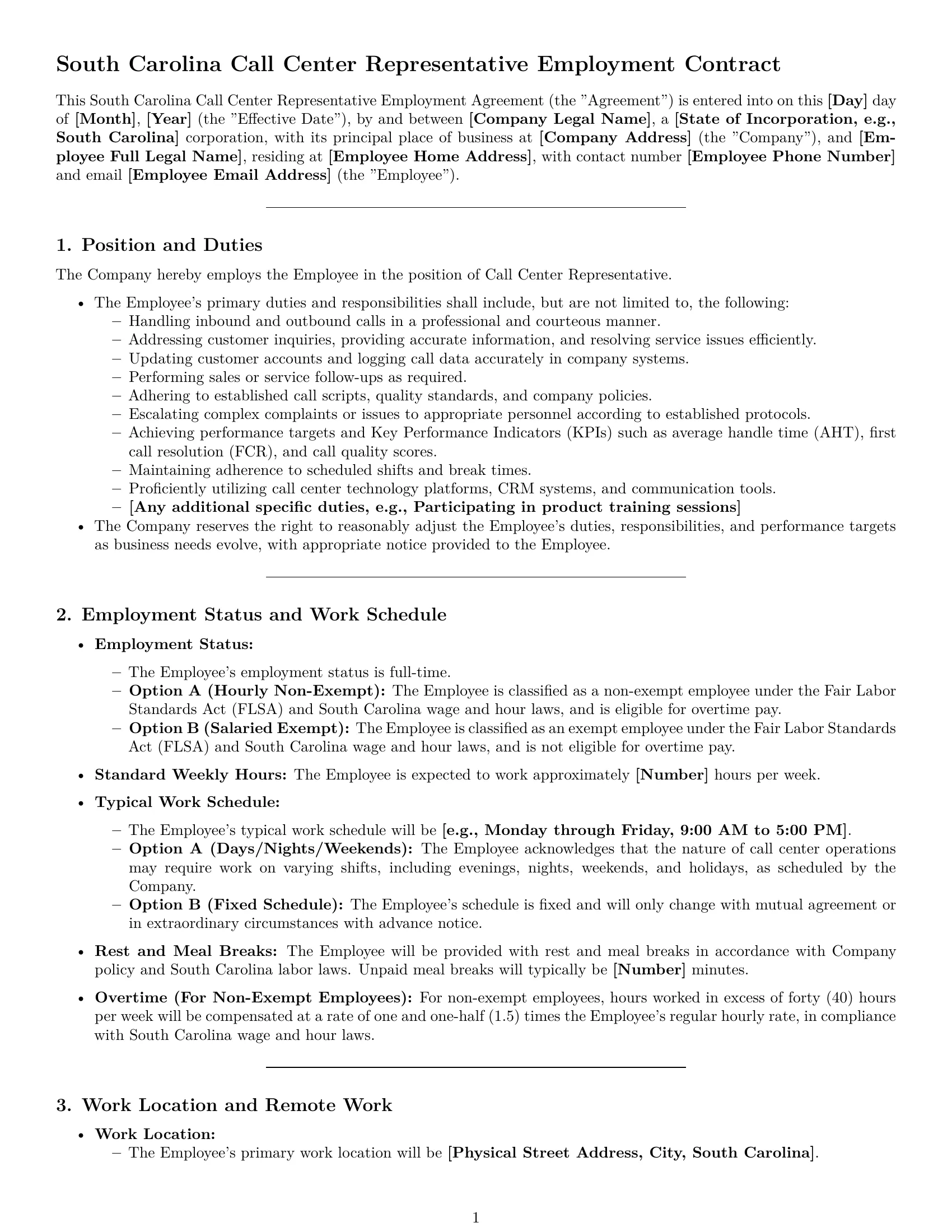 Preview page 1 of Pro South Carolina call center representative employment contract template