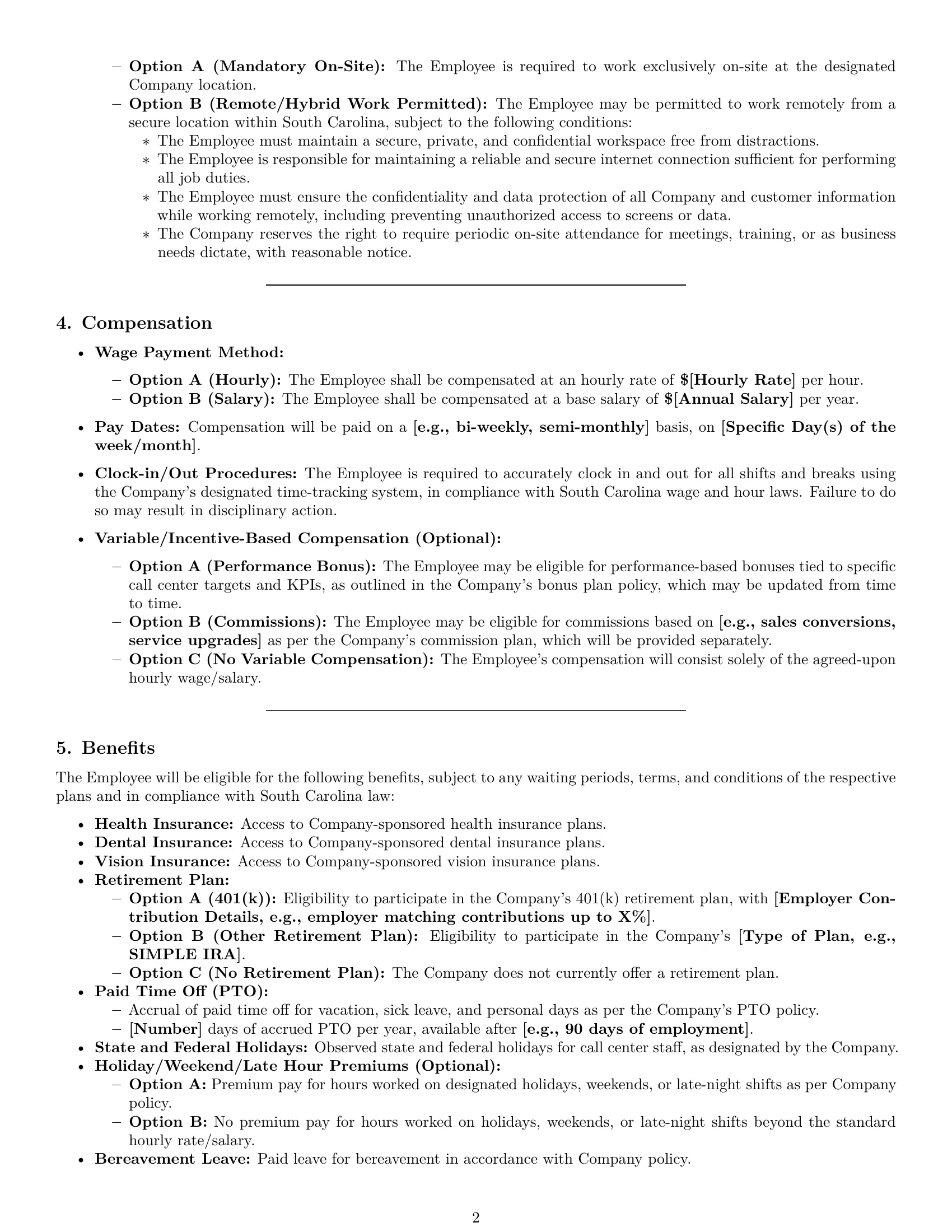 Preview page 2 of Pro South Carolina call center representative employment contract template