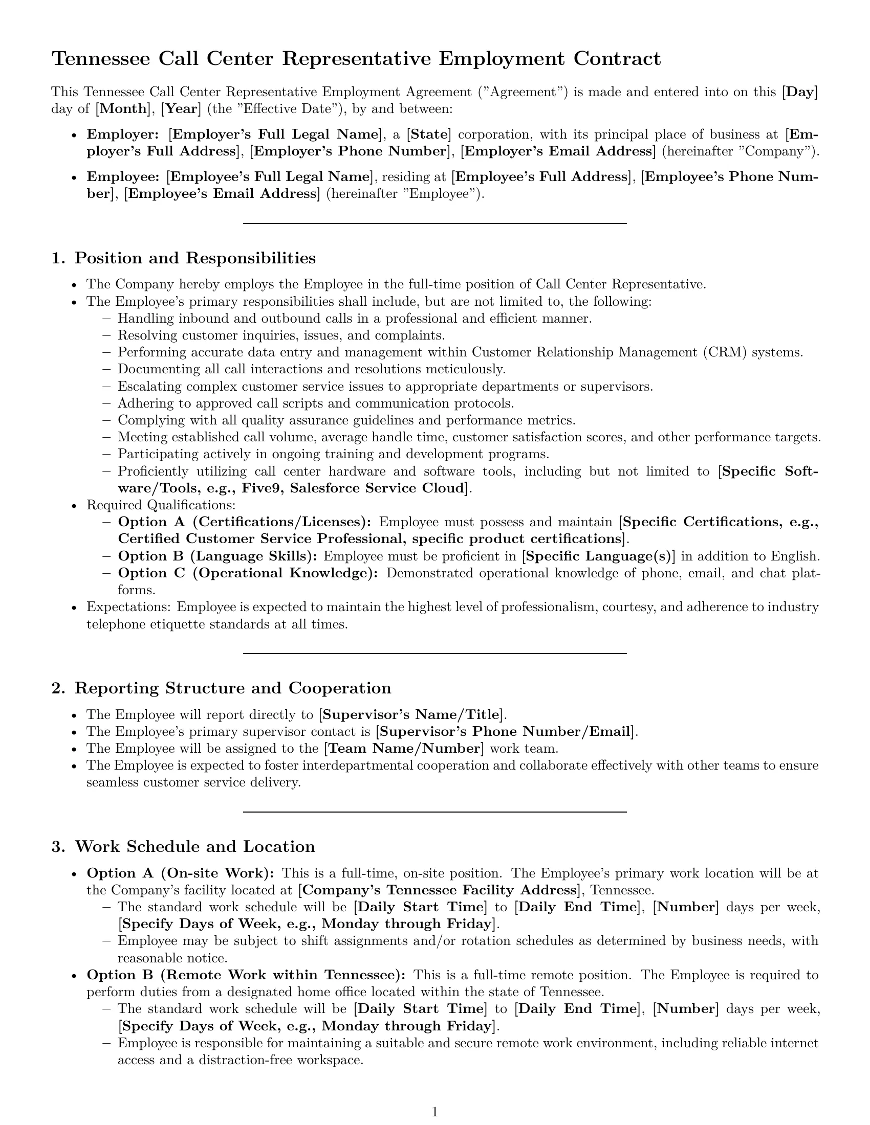 Preview page 1 of Pro Tennessee call center representative employment contract template