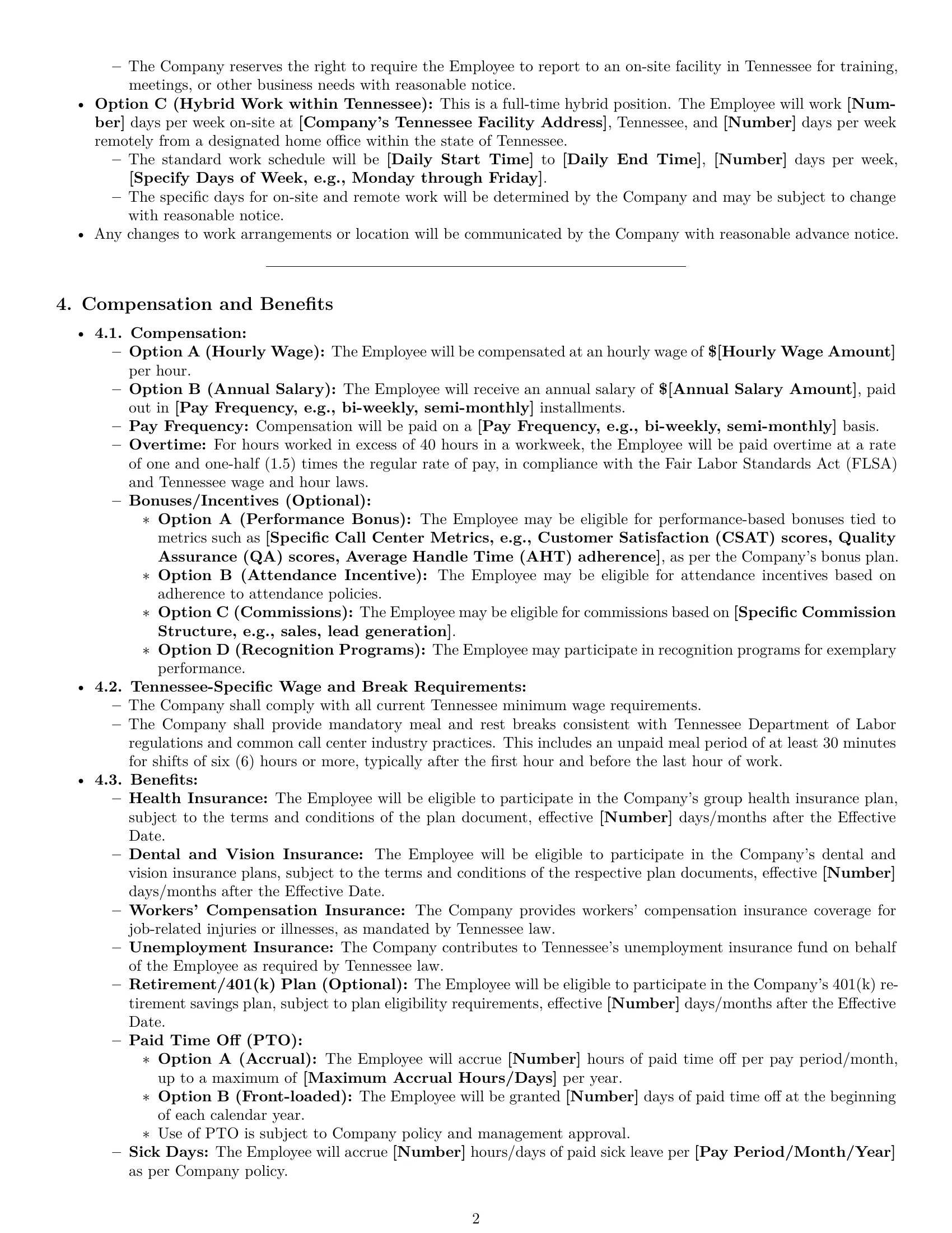 Preview page 2 of Pro Tennessee call center representative employment contract template