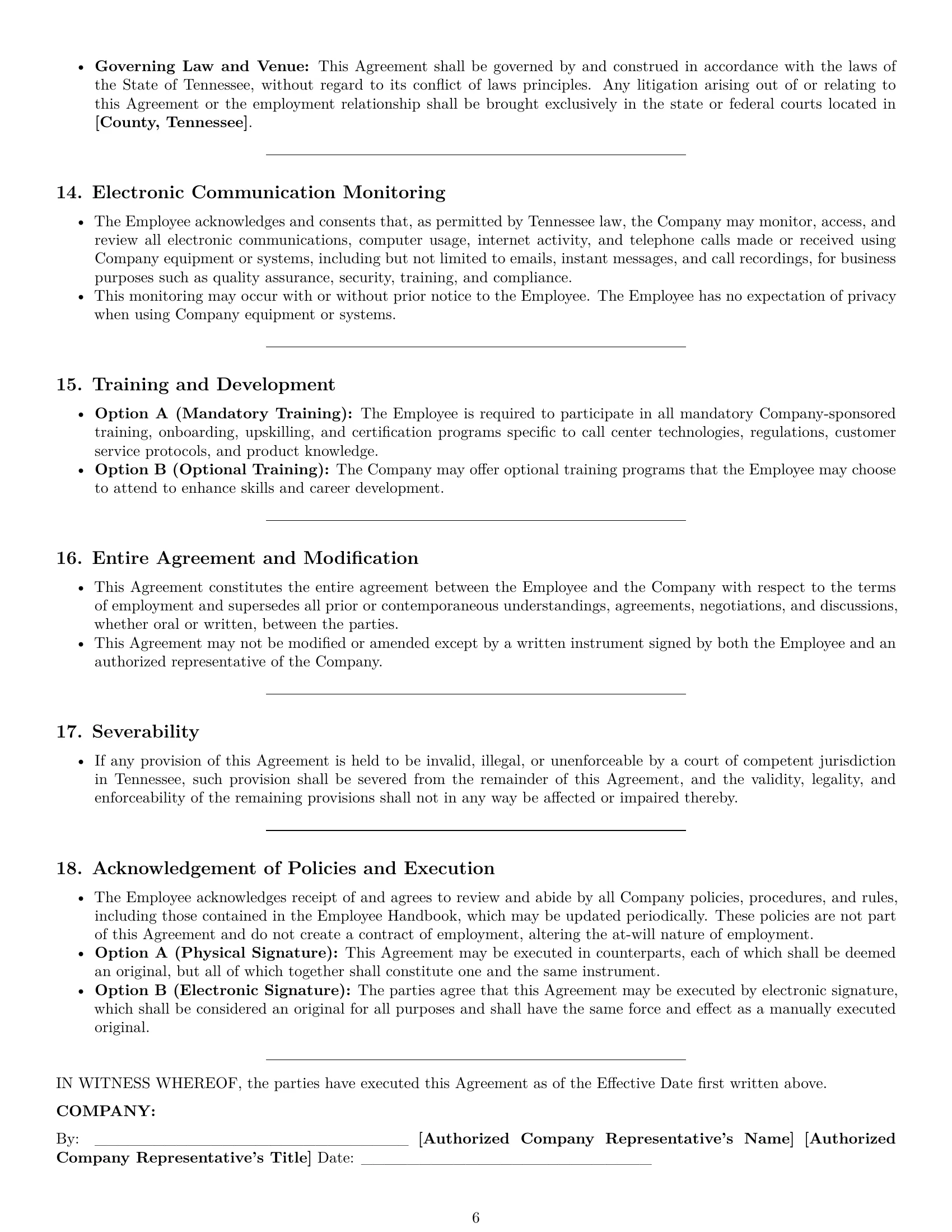 Preview page 6 of Pro Tennessee call center representative employment contract template