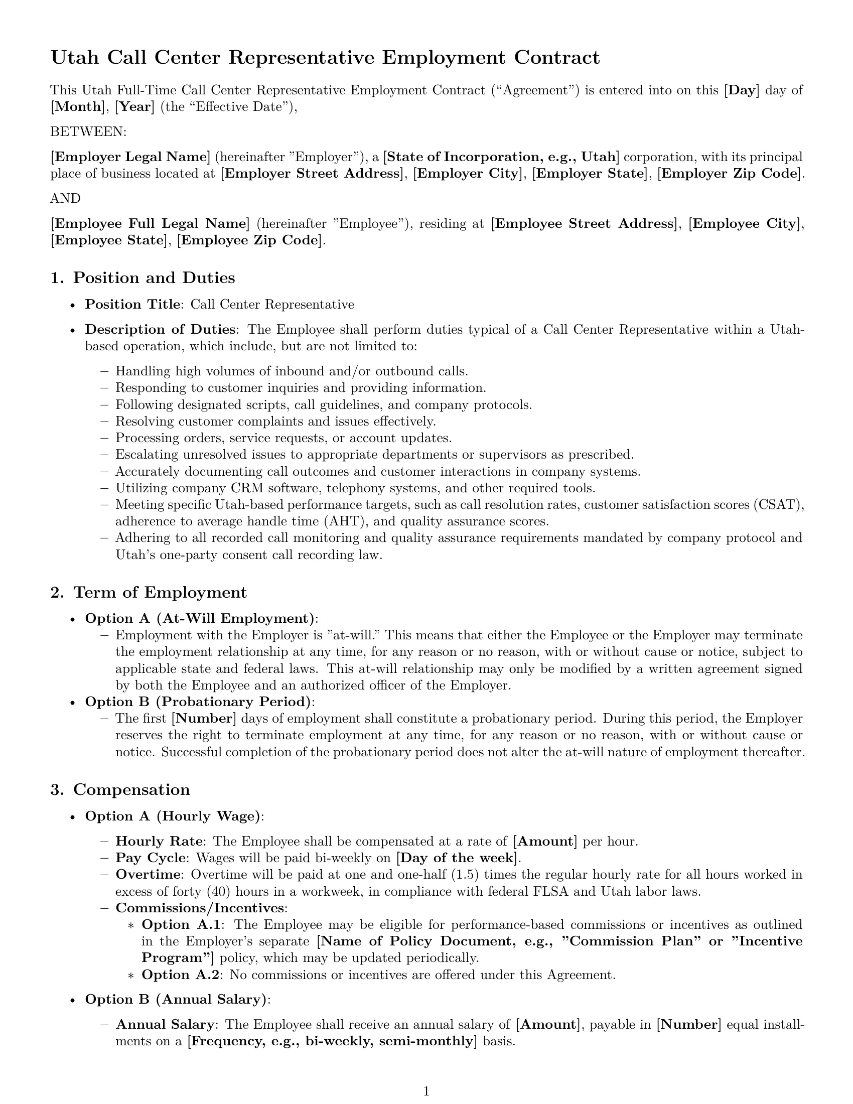 Preview page 1 of Pro Utah call center representative employment contract template