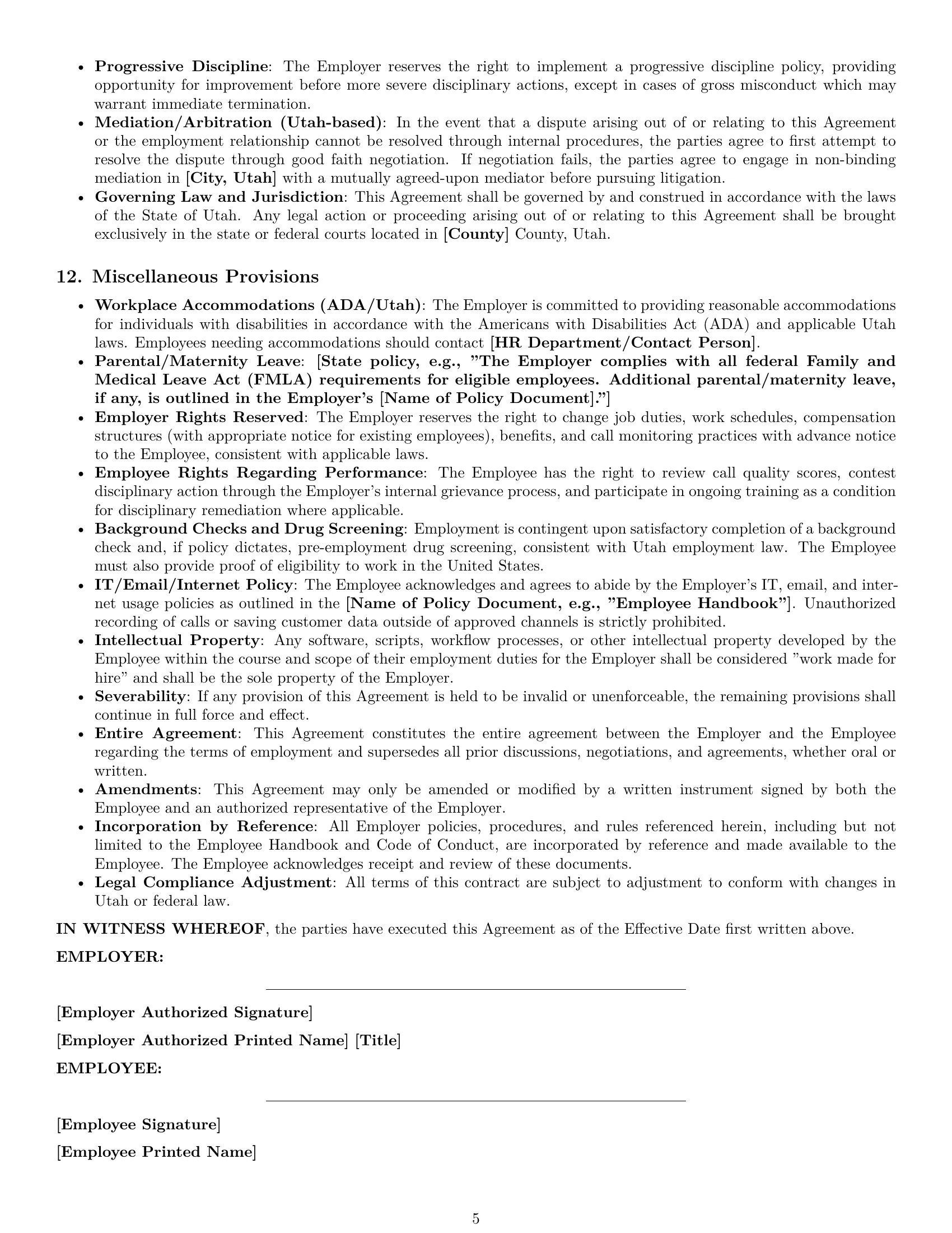 Preview page 5 of Pro Utah call center representative employment contract template