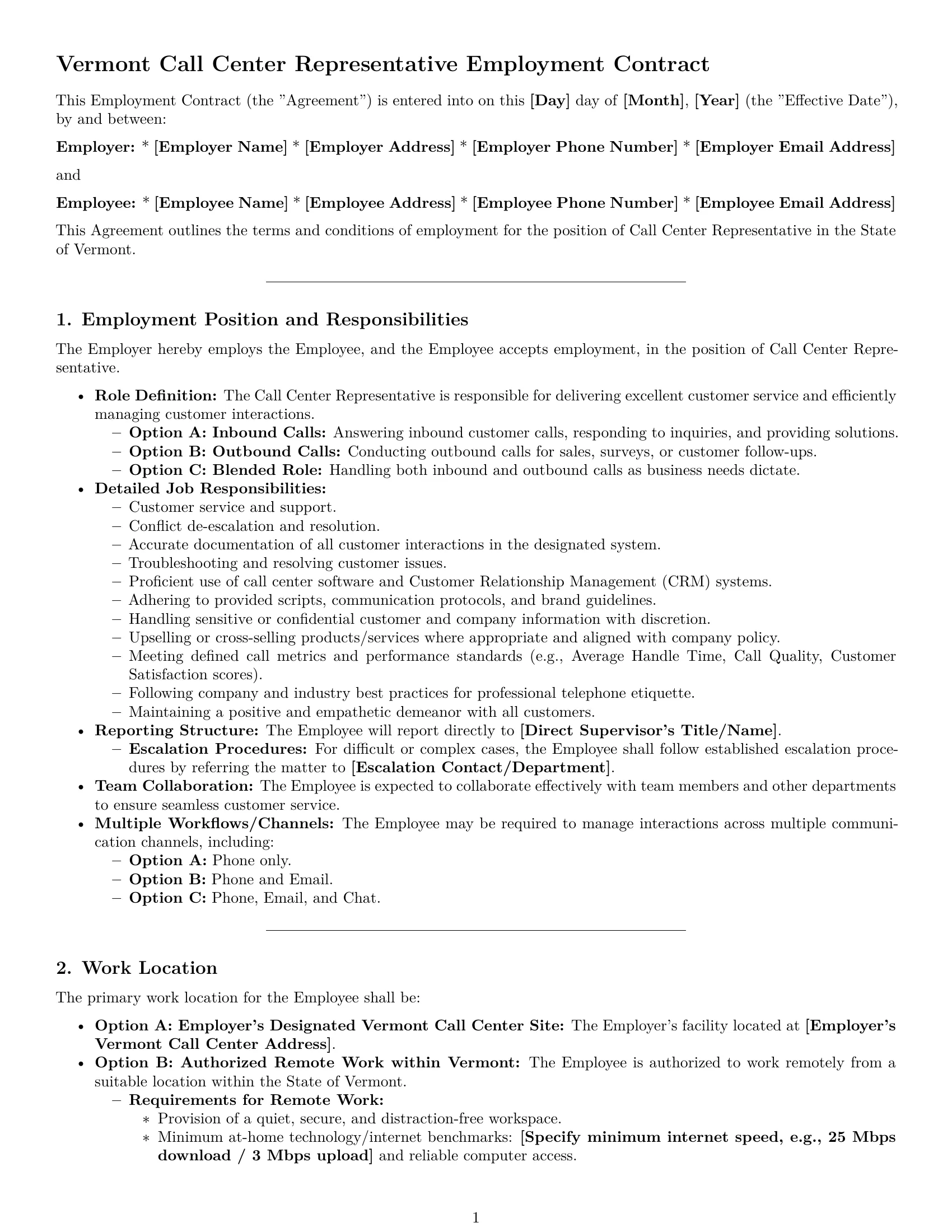 Preview page 1 of Pro Vermont call center representative employment contract template
