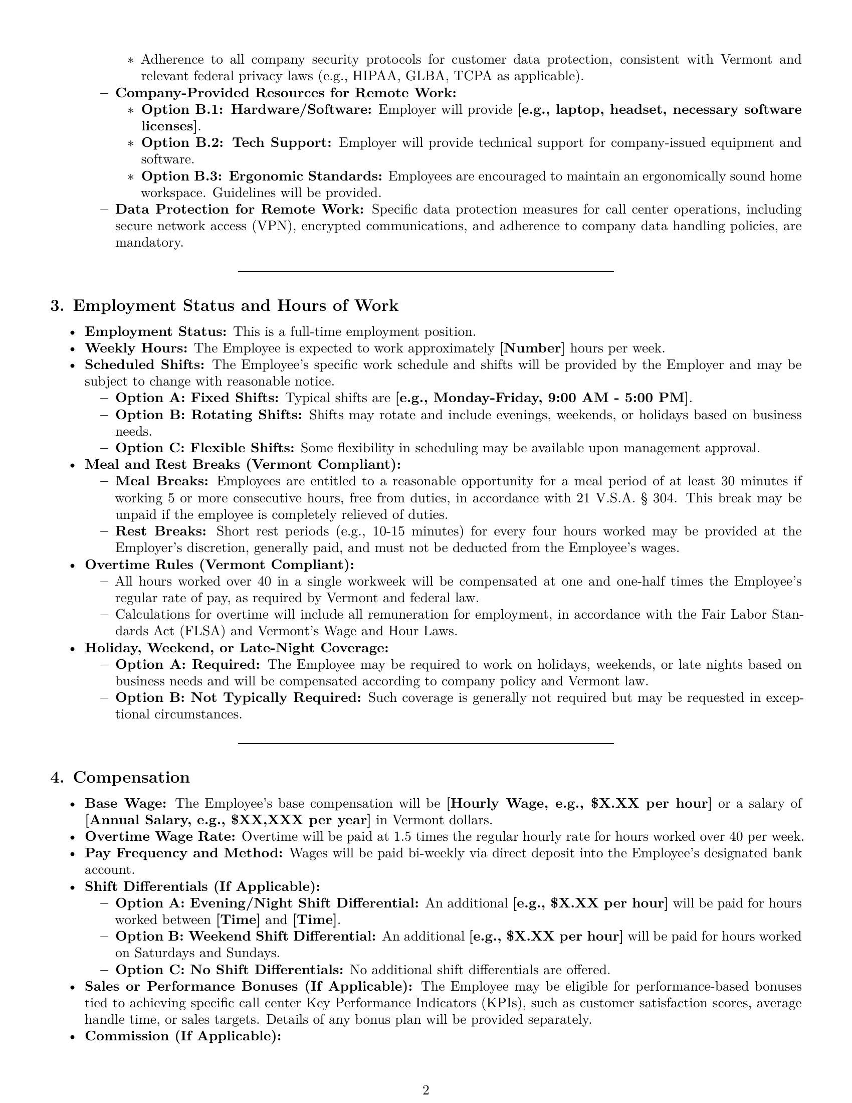 Preview page 2 of Pro Vermont call center representative employment contract template