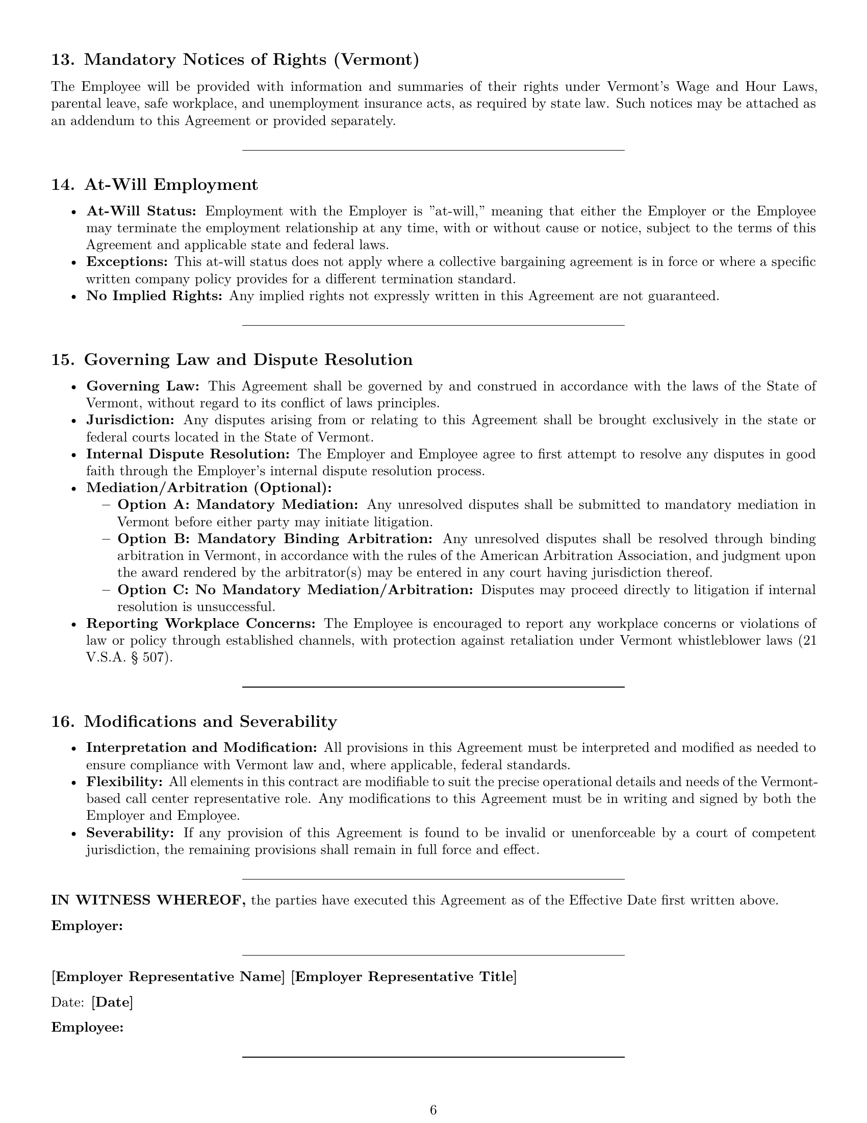Preview page 6 of Pro Vermont call center representative employment contract template