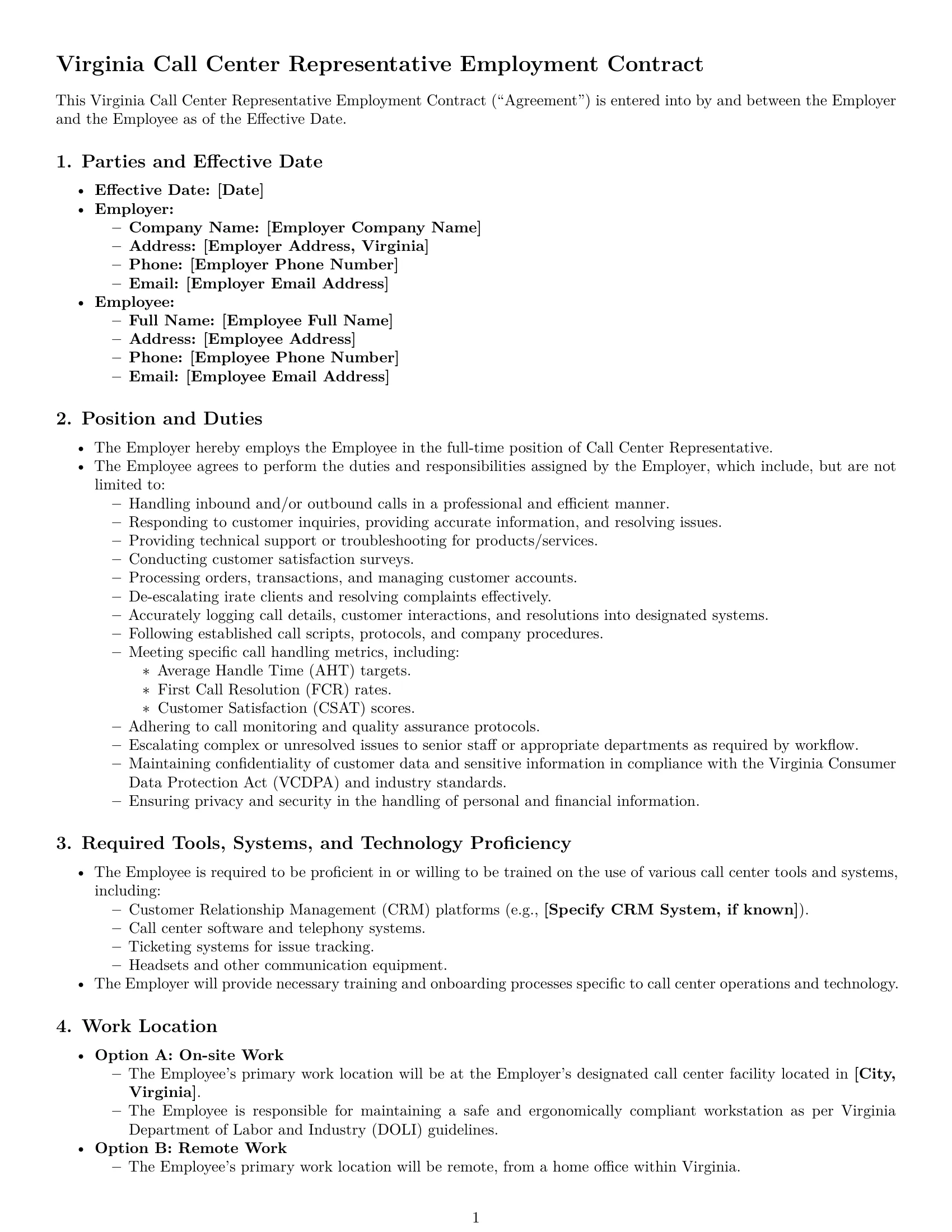 Preview page 1 of Pro Virginia call center representative employment contract template