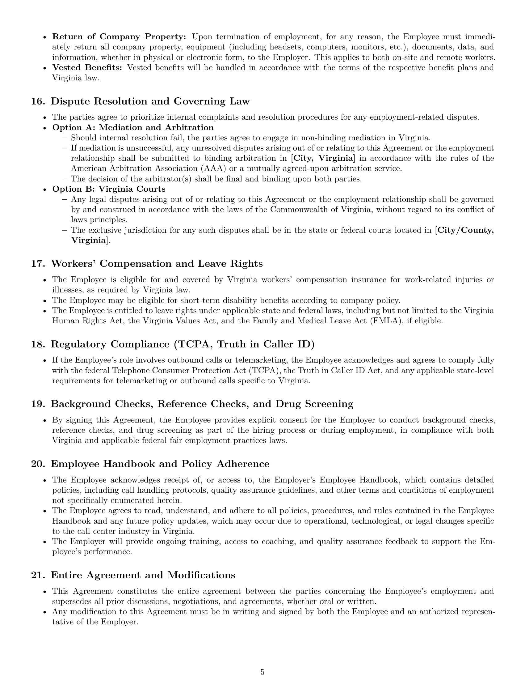 Preview page 5 of Pro Virginia call center representative employment contract template