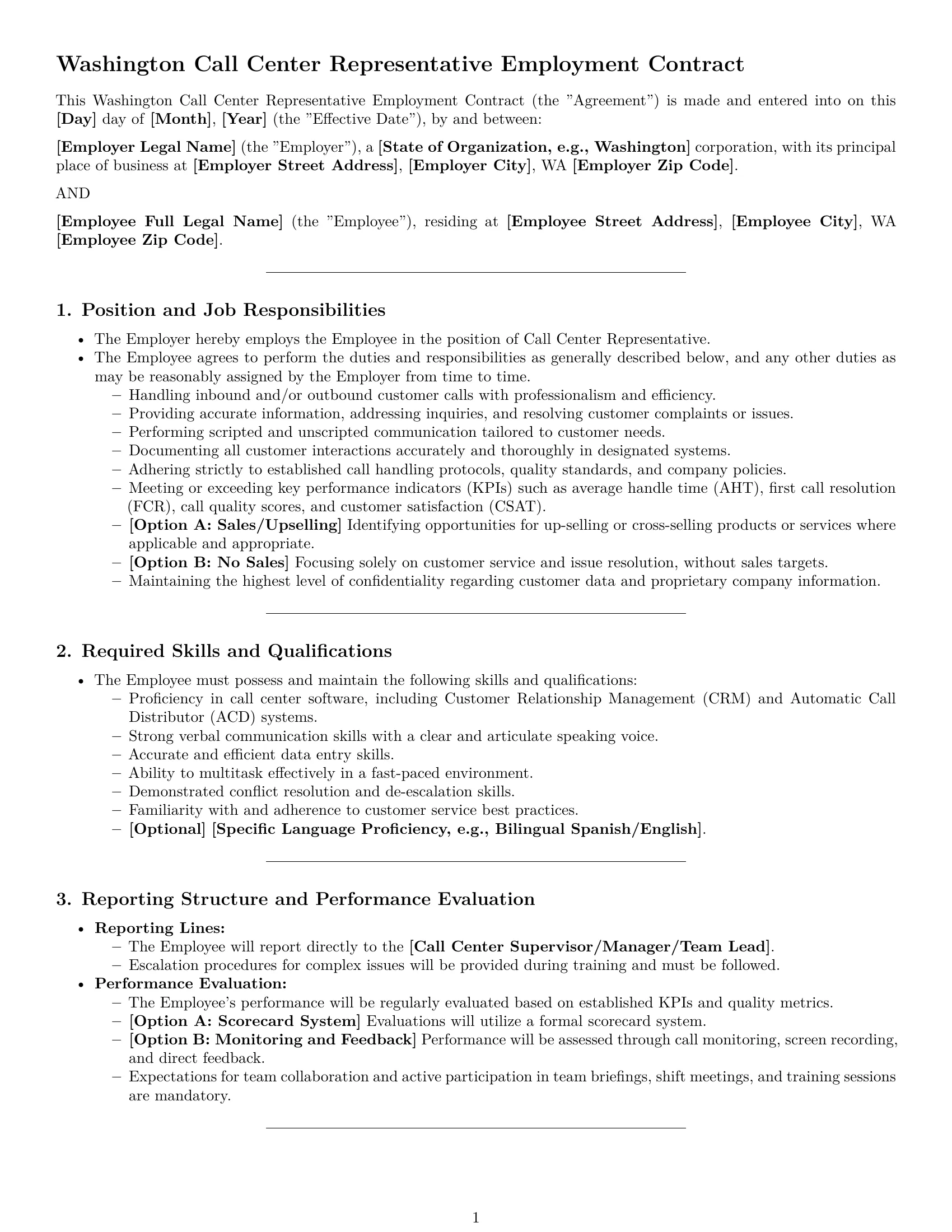 Preview page 1 of Pro Washington call center representative employment contract template