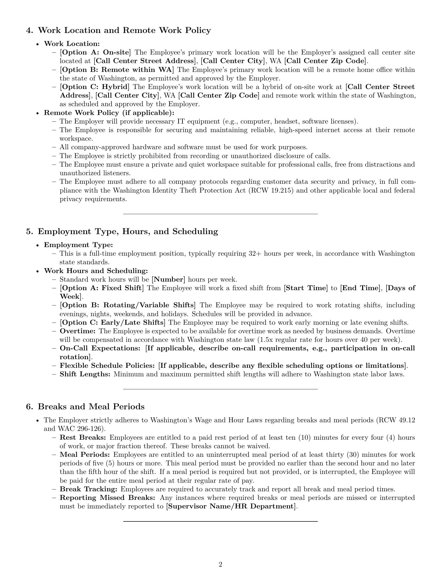 Preview page 2 of Pro Washington call center representative employment contract template